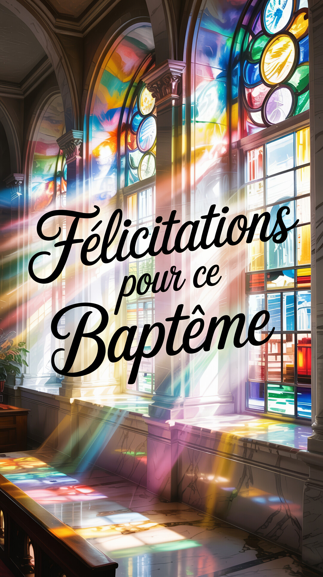 L'intérieur d'une église baignée de lumière colorée provenant de vitraux, créant des reflets arc-en-ciel sur le sol et les murs en marbre.