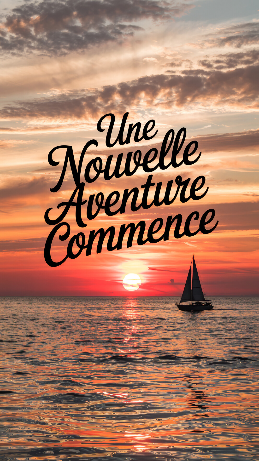 Un voilier navigue sur une mer calme au crépuscule, avec le soleil couchant à l'horizon sous un ciel nuageux aux teintes orangées.