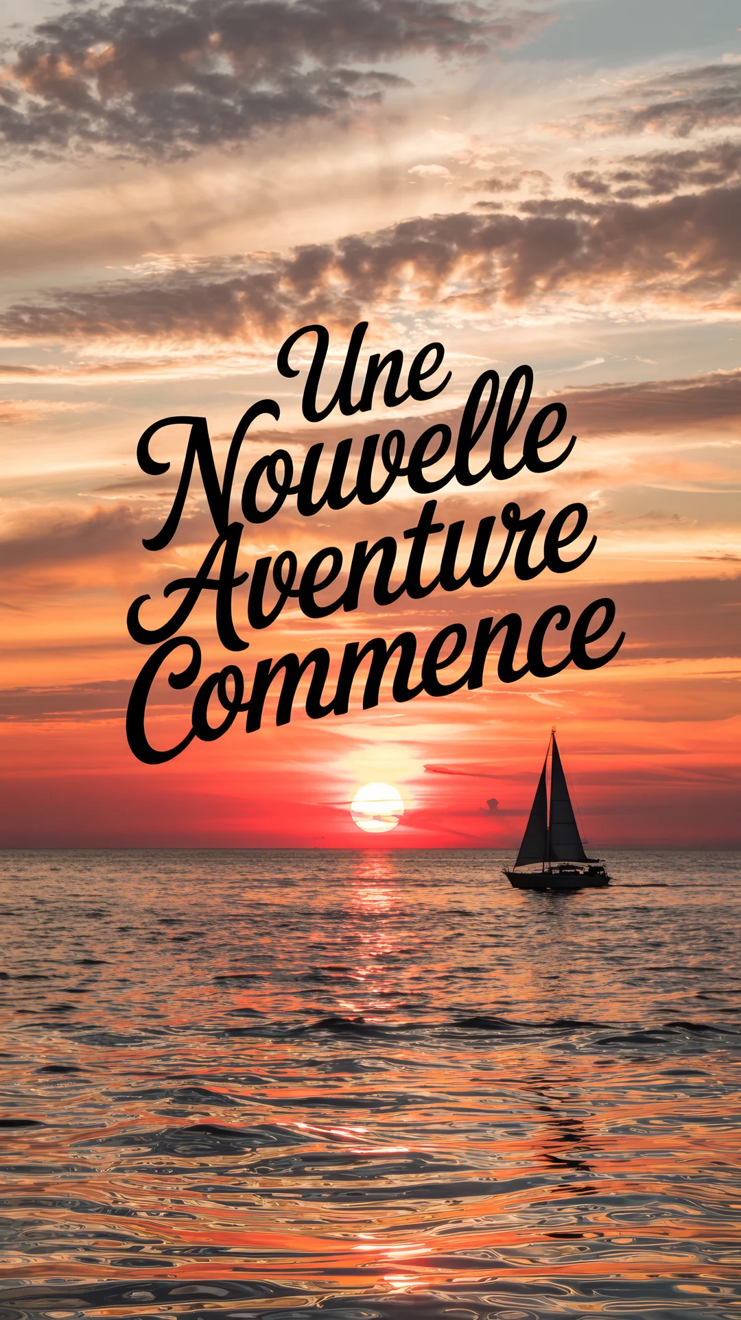 Un voilier navigue sur une mer calme au crépuscule, avec le soleil couchant à l'horizon sous un ciel nuageux aux teintes orangées.