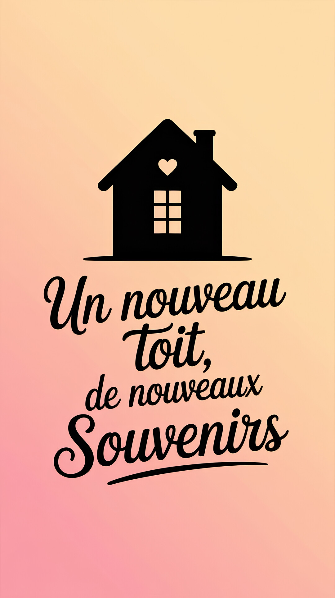 Une silhouette noire de maison avec un cœur et une fenêtre se détache sur un fond dégradé pêche, au-dessus du texte 'Un nouveau Toit, de nouveaux Souvenirs'.