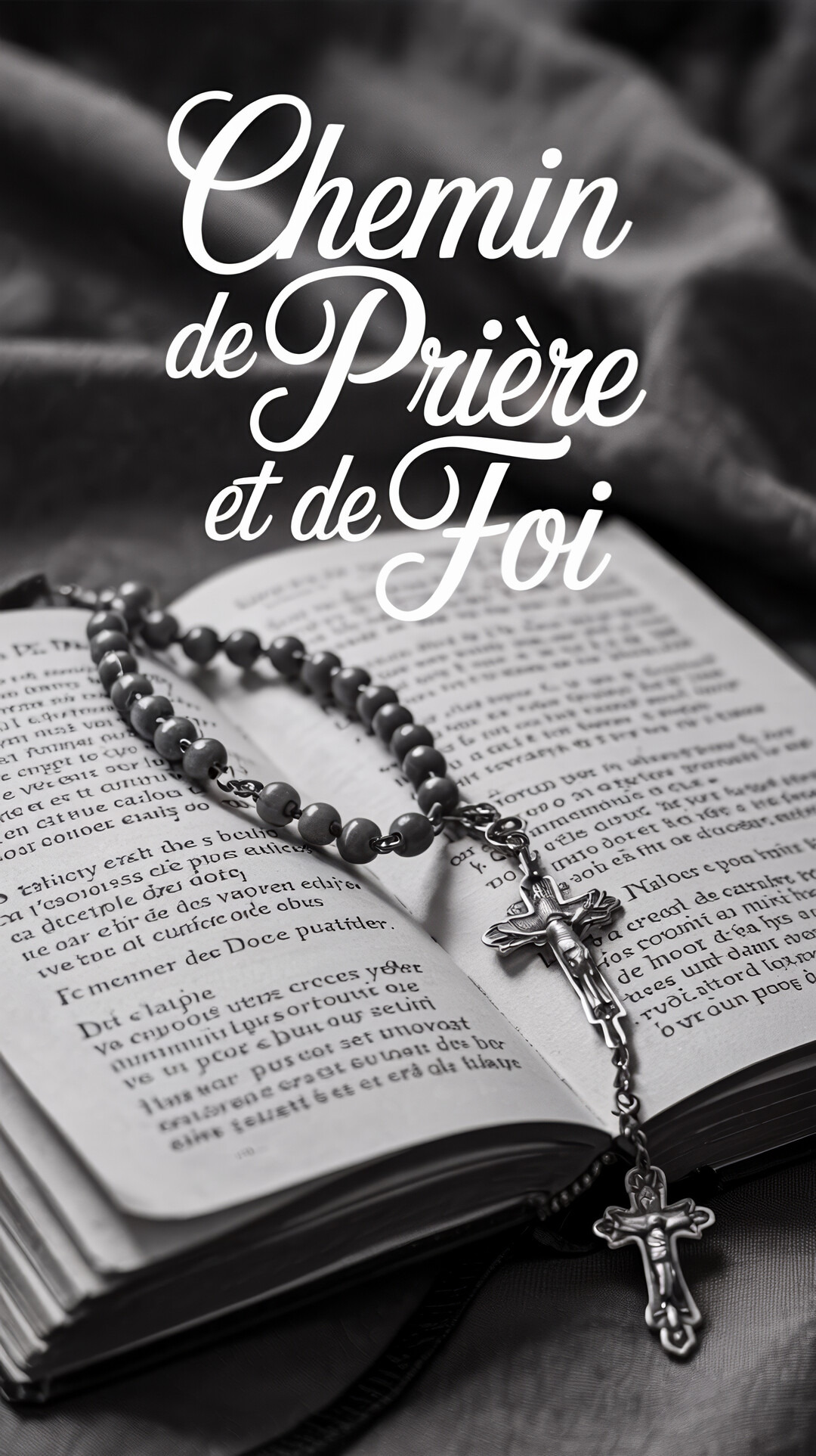 En noir et blanc, un chapelet avec un crucifix détaillé repose sur les pages d'un livre ancien ouvert, symbolisant la prière et la foi.