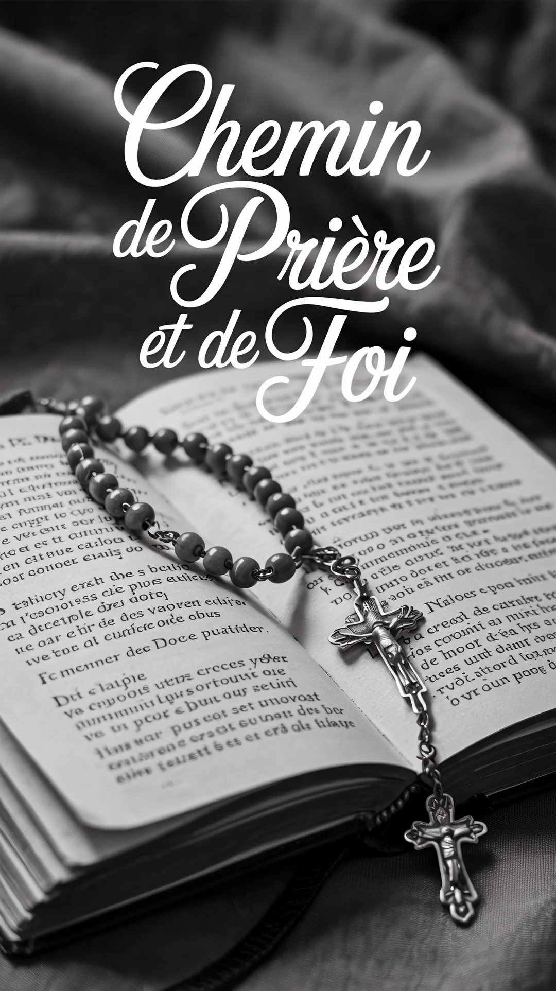 En noir et blanc, un chapelet avec un crucifix détaillé repose sur les pages d'un livre ancien ouvert, symbolisant la prière et la foi.