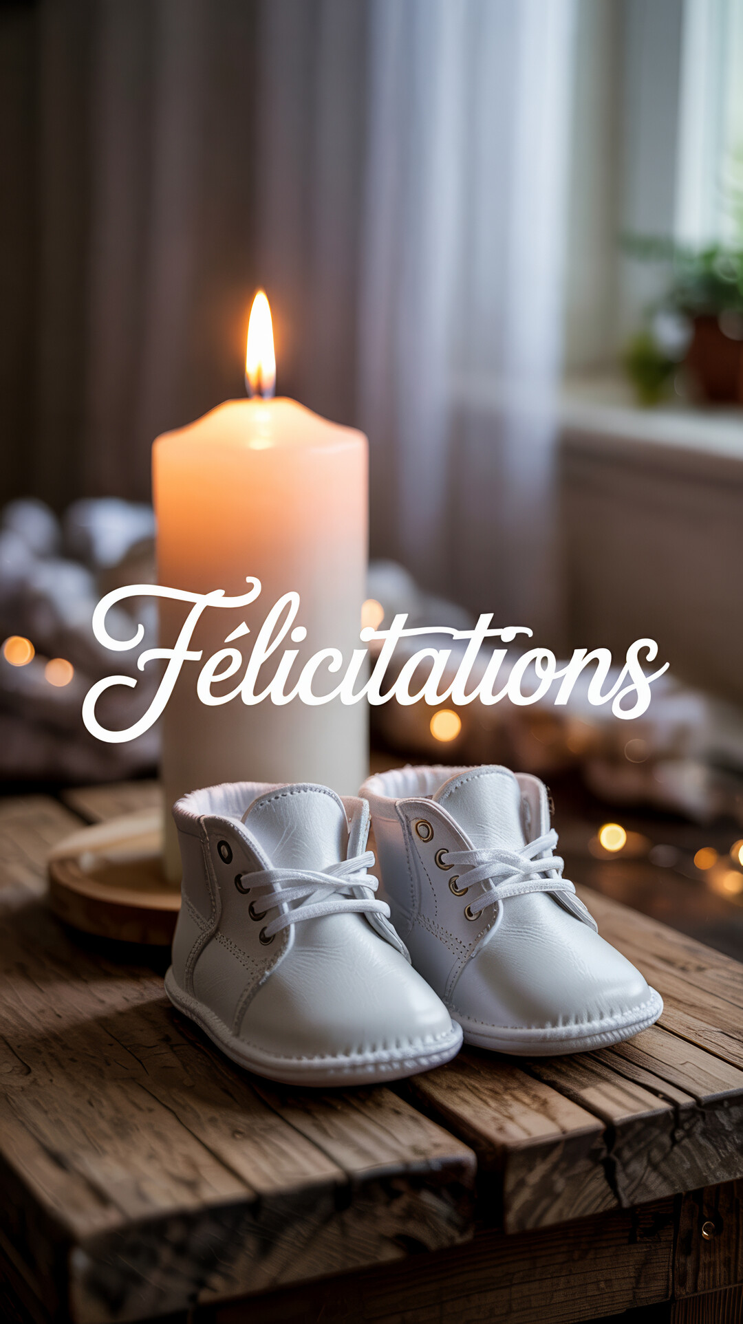 Une paire de petits chaussons blancs est placée sur une surface en bois rustique, avec une grande bougie blanche allumée en arrière-plan.