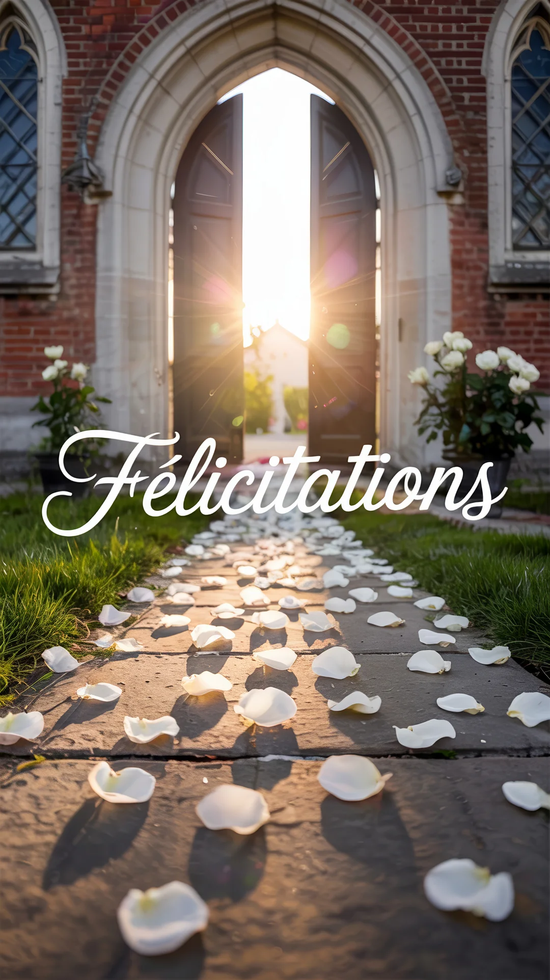 Une allée pavée, couverte de pétales de roses blanches, mène aux portes ouvertes d'une église d'où émane une vive lumière dorée.