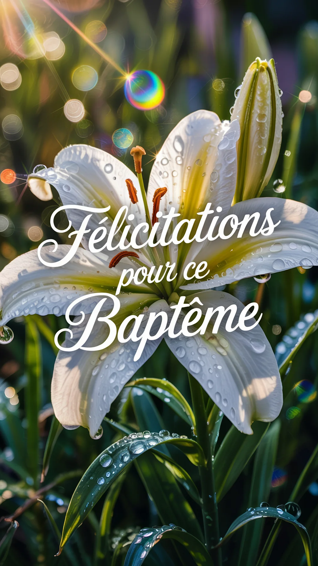 Un lys blanc éclatant, couvert de gouttelettes d'eau, se détache sur un arrière-plan végétal vert avec des effets de lumière ronds.