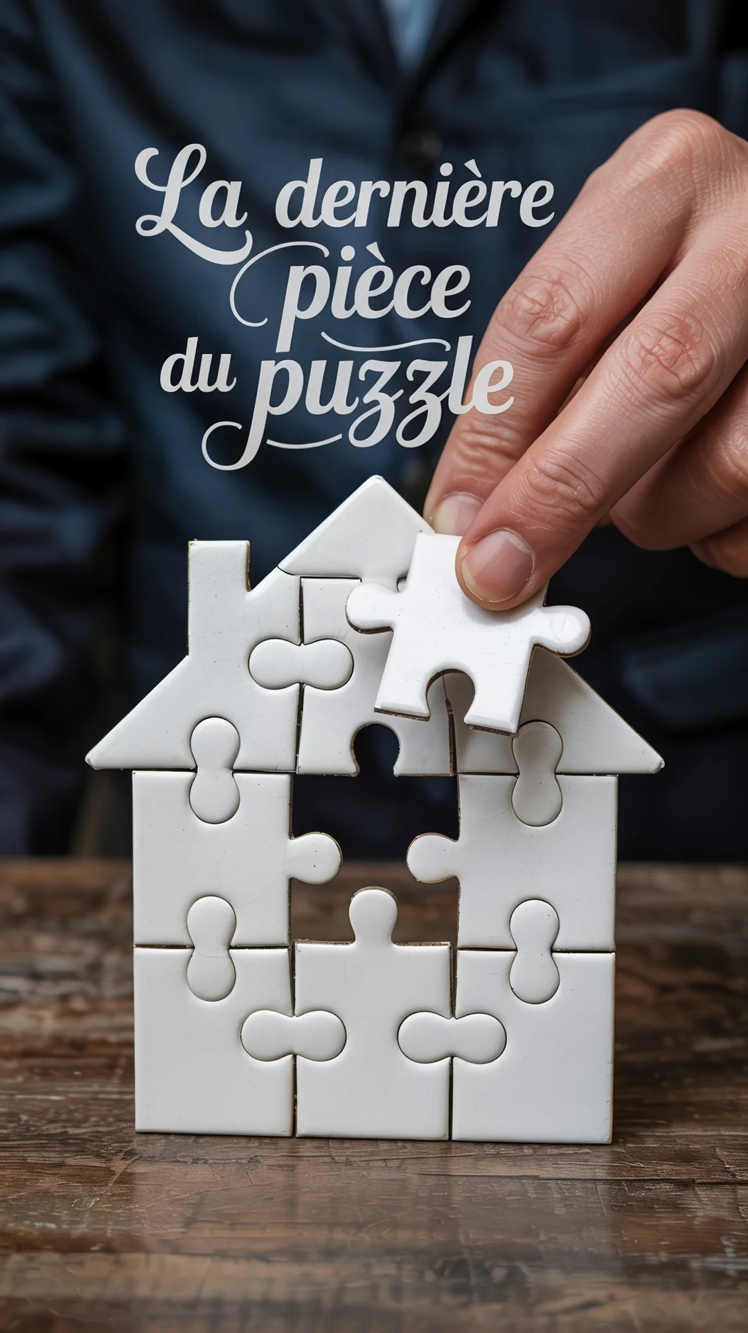 Une personne complète un puzzle blanc en forme de maison posé sur une table en bois en y ajoutant la dernière pièce manquante.