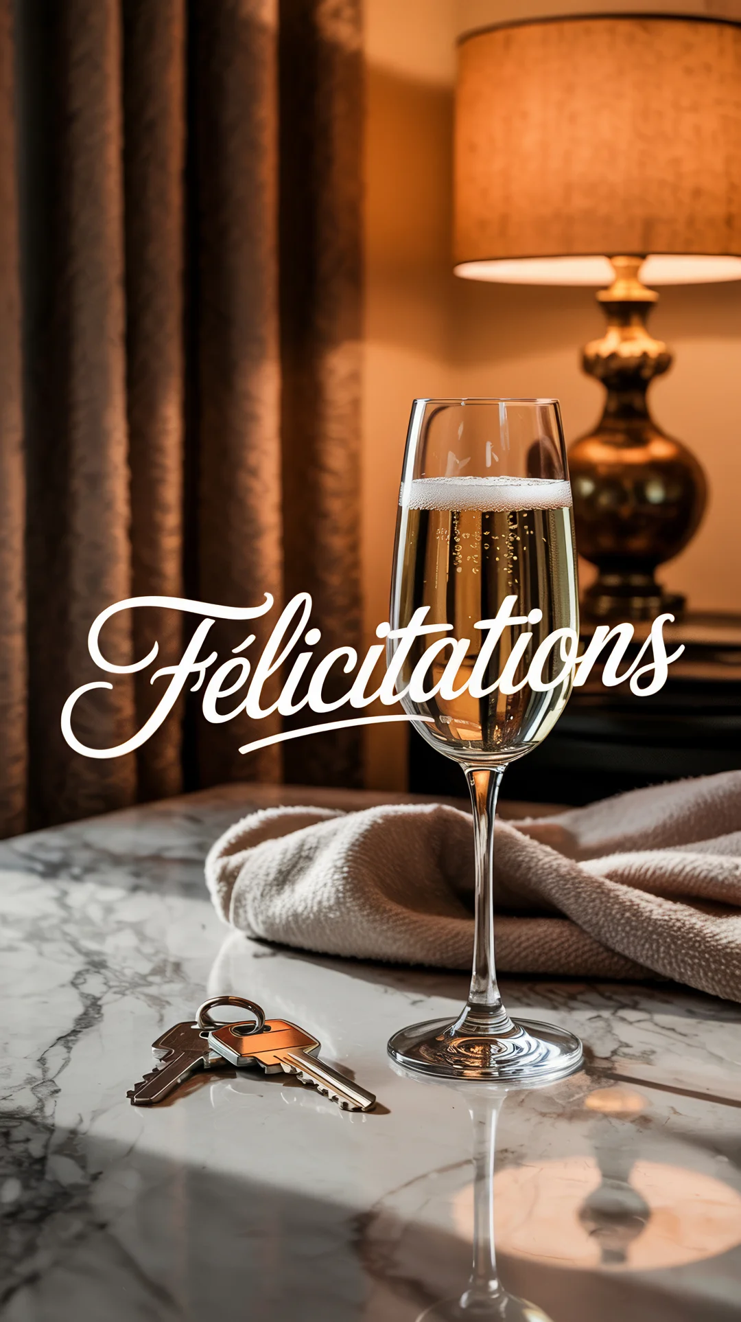 Une flûte de champagne et un trousseau de clés sont posés sur une table en marbre, dans un intérieur chaleureux et élégant.