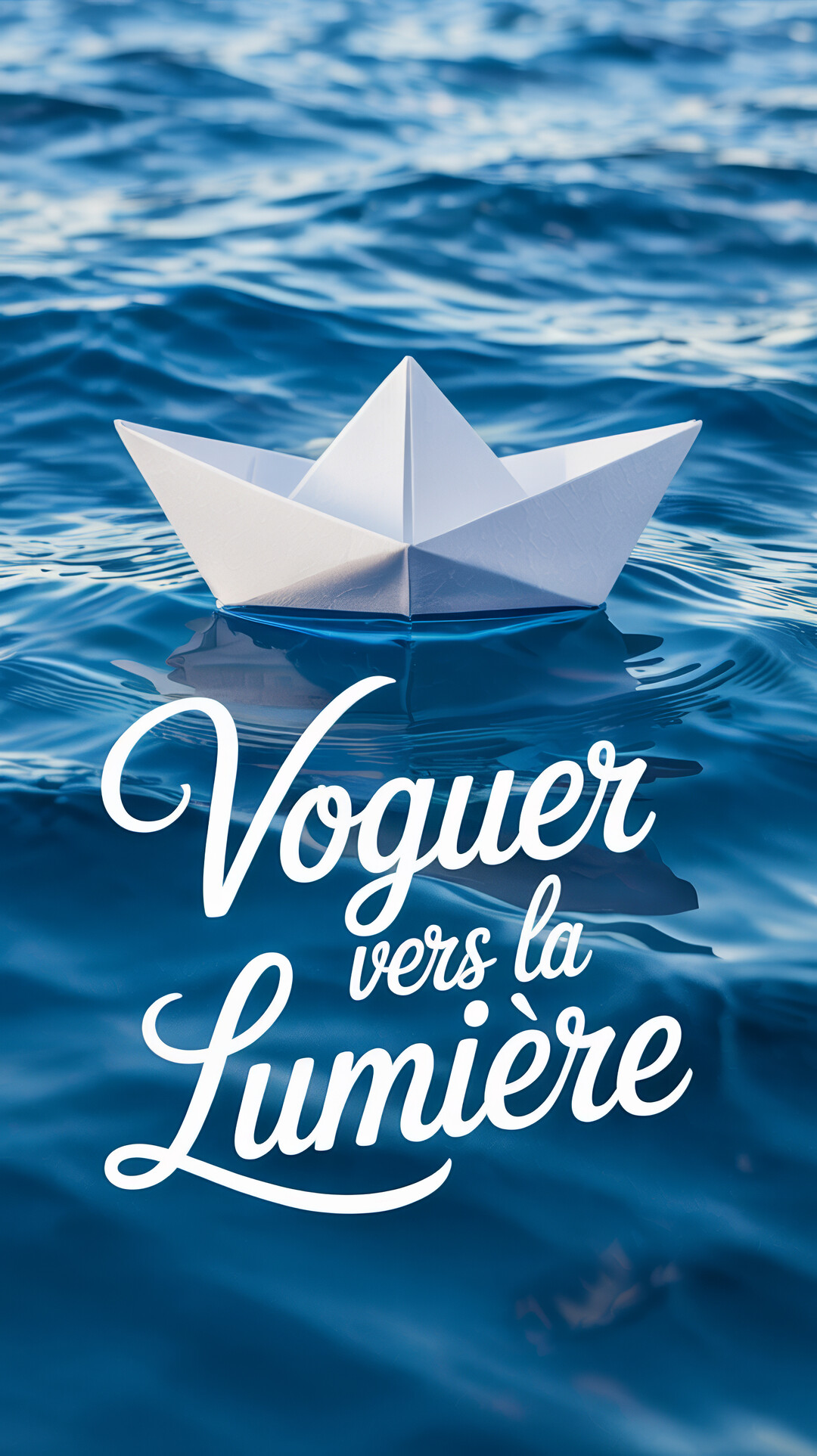 Un bateau en papier blanc navigue sur des vagues bleues sous une lumière douce, avec le texte 'Voguer vers la Lumière' superposé.