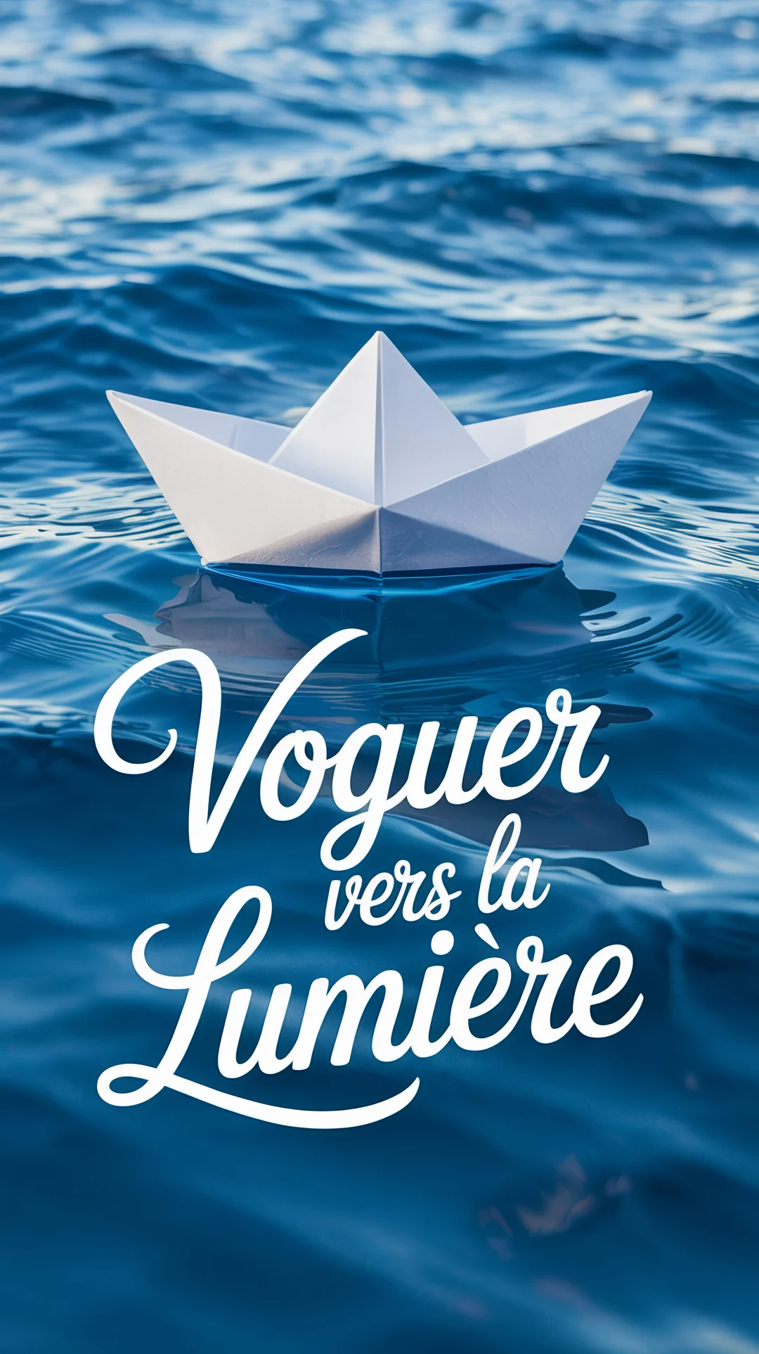 Un bateau en papier blanc navigue sur des vagues bleues sous une lumière douce, avec le texte 'Voguer vers la Lumière' superposé.