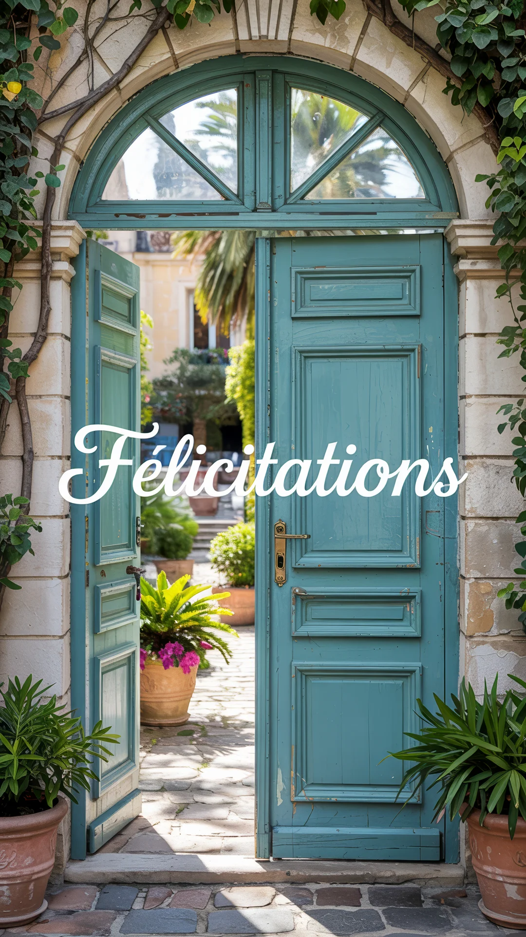 Une grande porte double en bois bleu-vert est ouverte, révélant une cour pavée et ensoleillée avec de nombreuses plantes en pot.