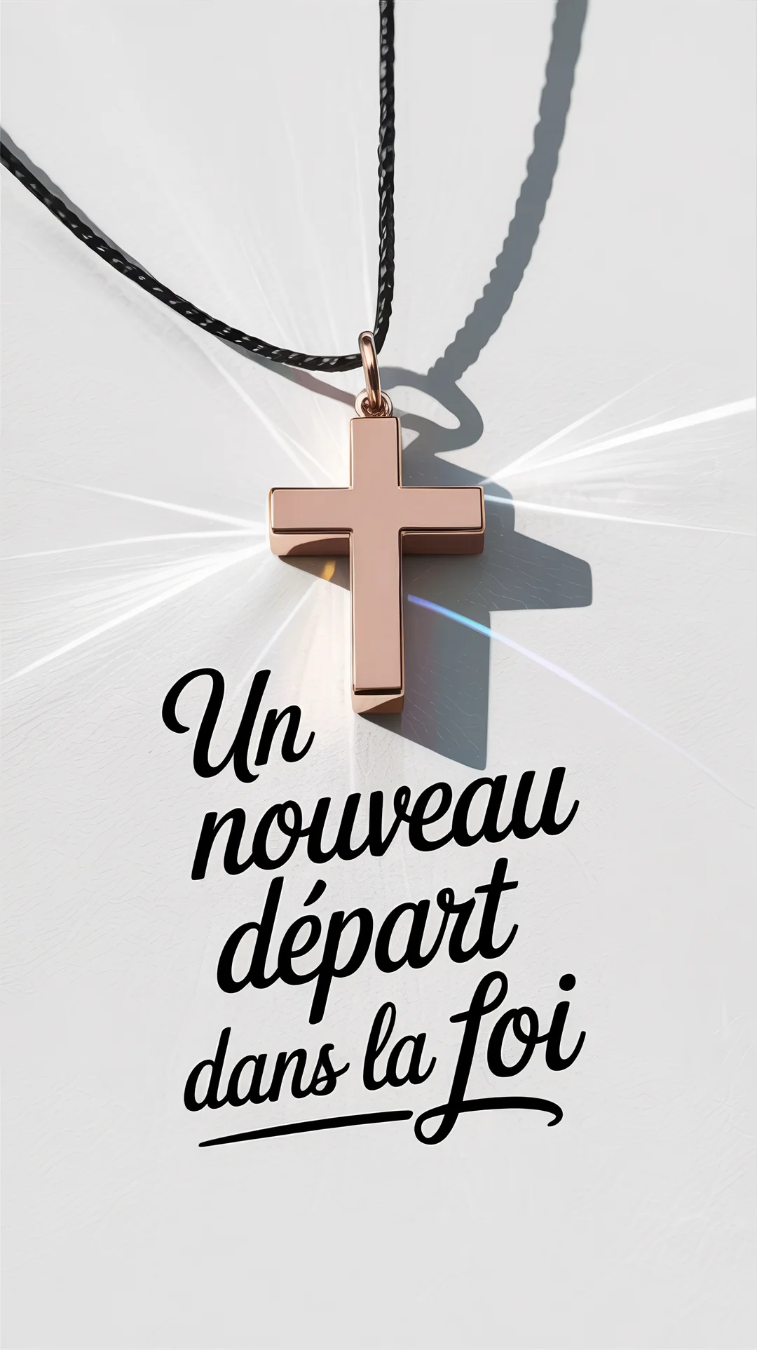 Une croix chrétienne en pendentif couleur or rose est posée sur un fond blanc, accompagnée d'un texte calligraphié en noir.