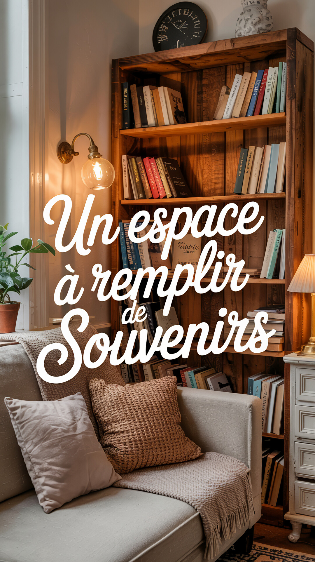 Un coin salon chaleureux avec un canapé, des coussins et une bibliothèque en bois éclairée par une lampe murale au design vintage.