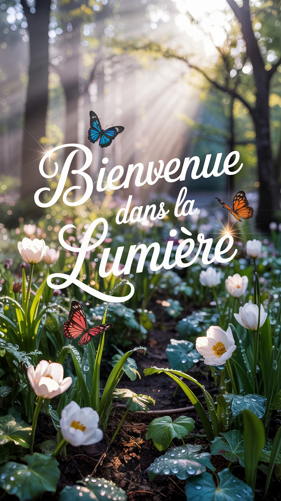 Une scène de sous-bois au lever du soleil, avec des tulipes blanches et des papillons colorés, illuminée par des rayons de lumière.