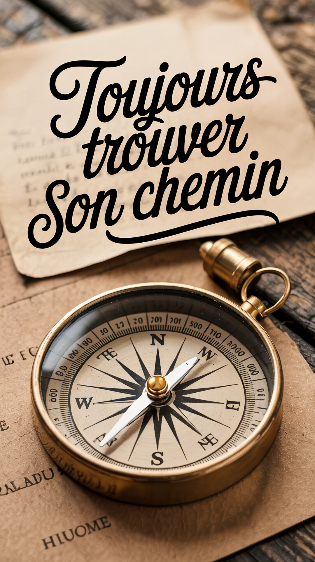 Une boussole ancienne en laiton est posée sur une carte géographique sépia, à côté d'un message calligraphié sur un fond en bois rustique.