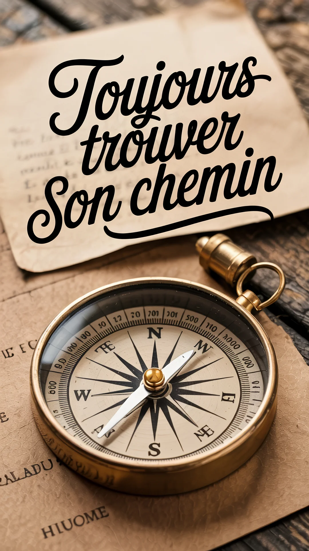 Une boussole ancienne en laiton est posée sur une carte géographique sépia, à côté d'un message calligraphié sur un fond en bois rustique.