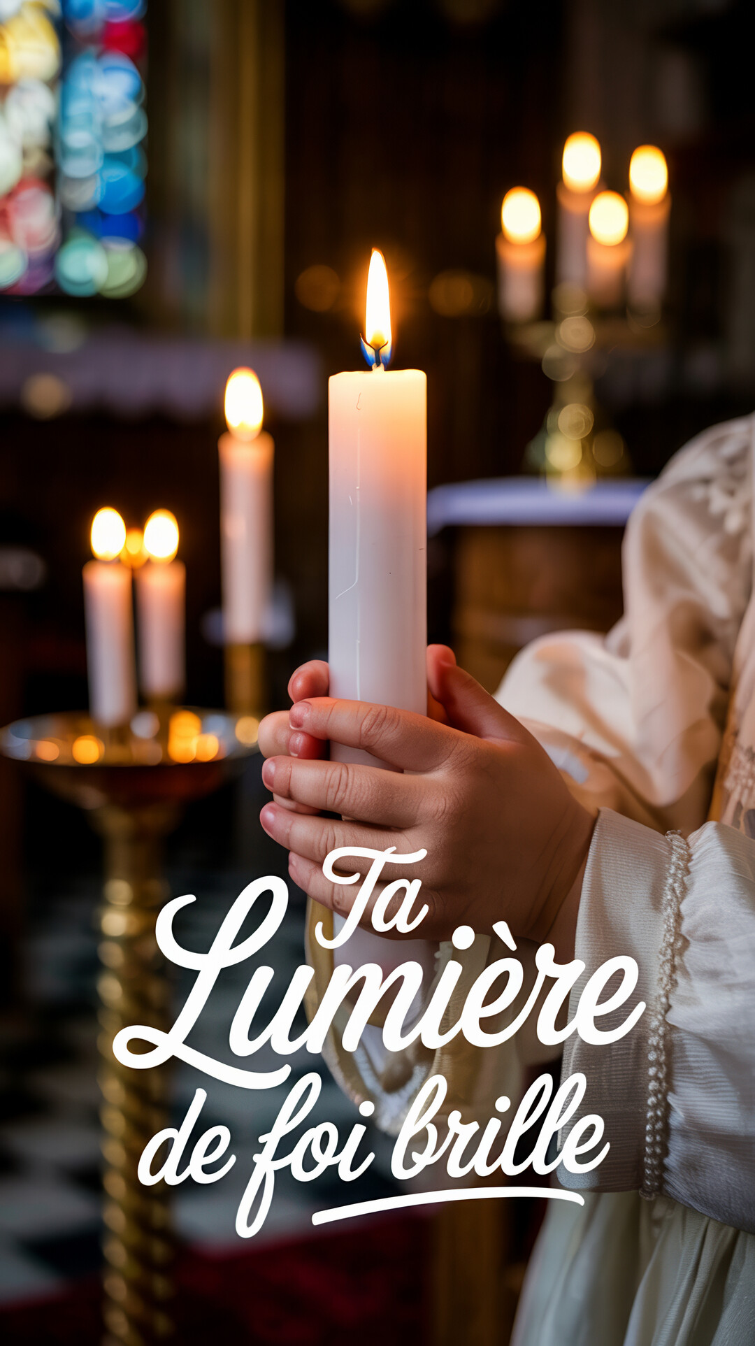 Des mains d'enfant vêtues de blanc tiennent un grand cierge allumé, dans l'atmosphère chaleureuse et sacrée d'une église en arrière-plan.
