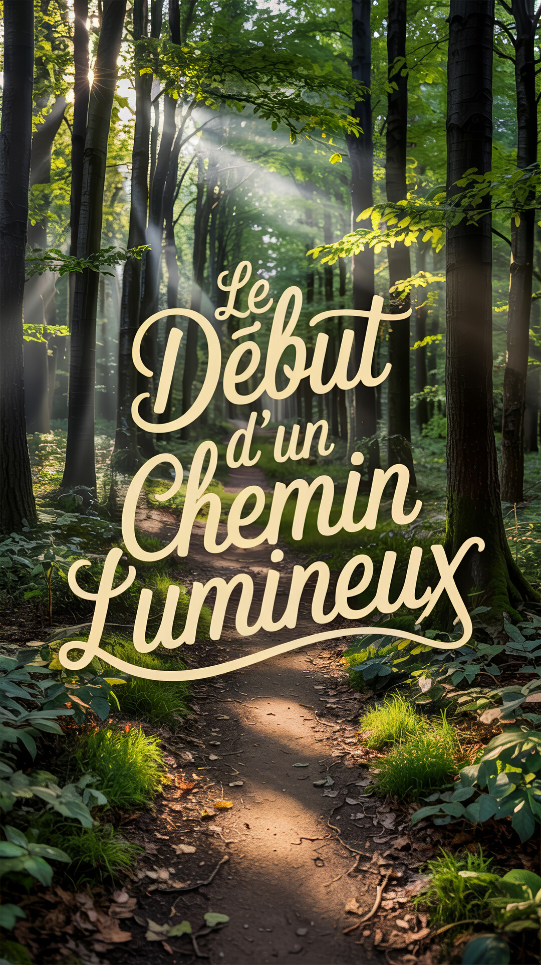 Un sentier de terre serpente dans une forêt verdoyante, illuminé par des rayons de soleil perçant à travers les arbres majestueux.