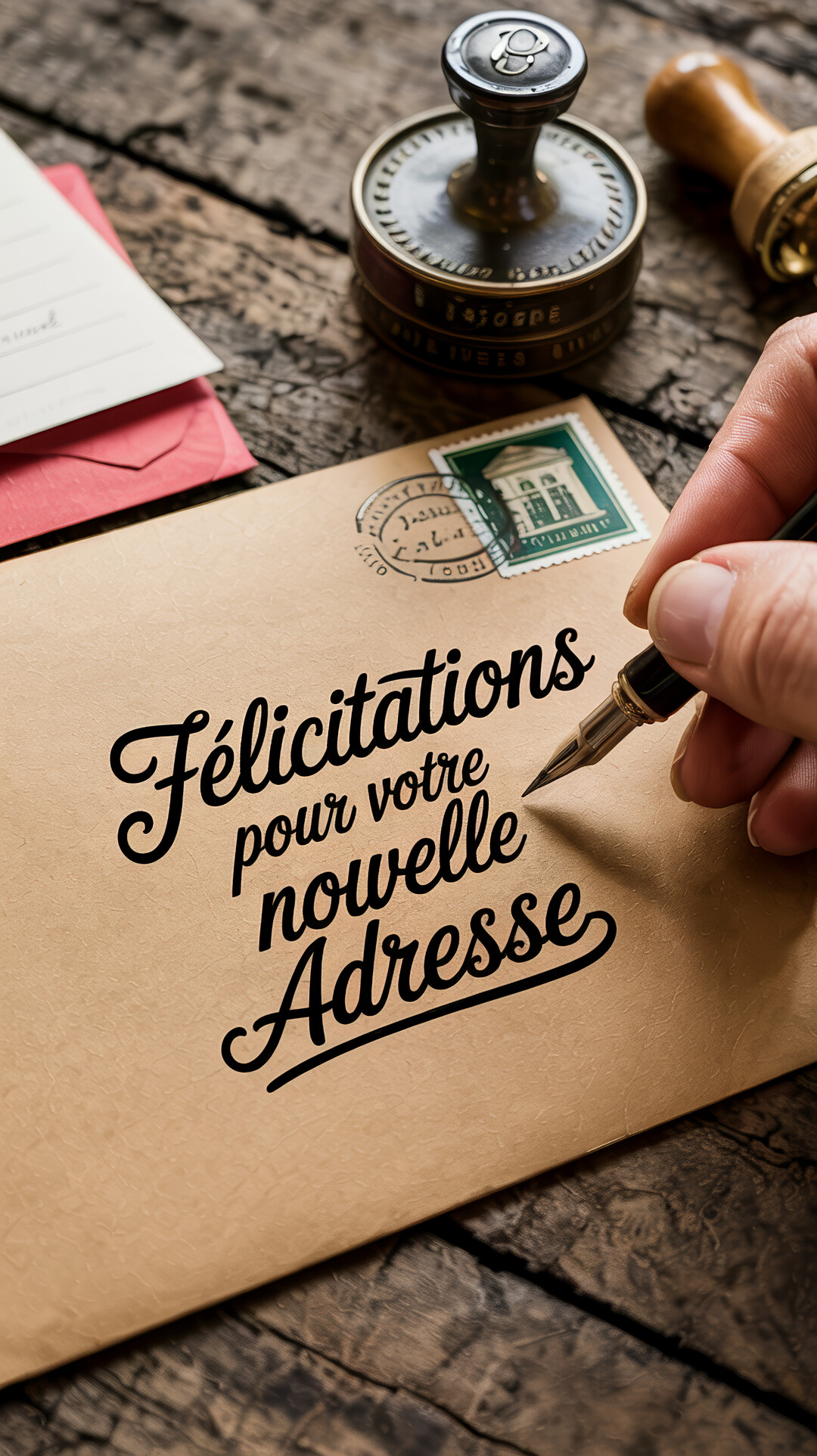 Une main écrit avec un stylo-plume sur une enveloppe en papier kraft, à côté d'un sceau vintage sur une table en bois rustique.