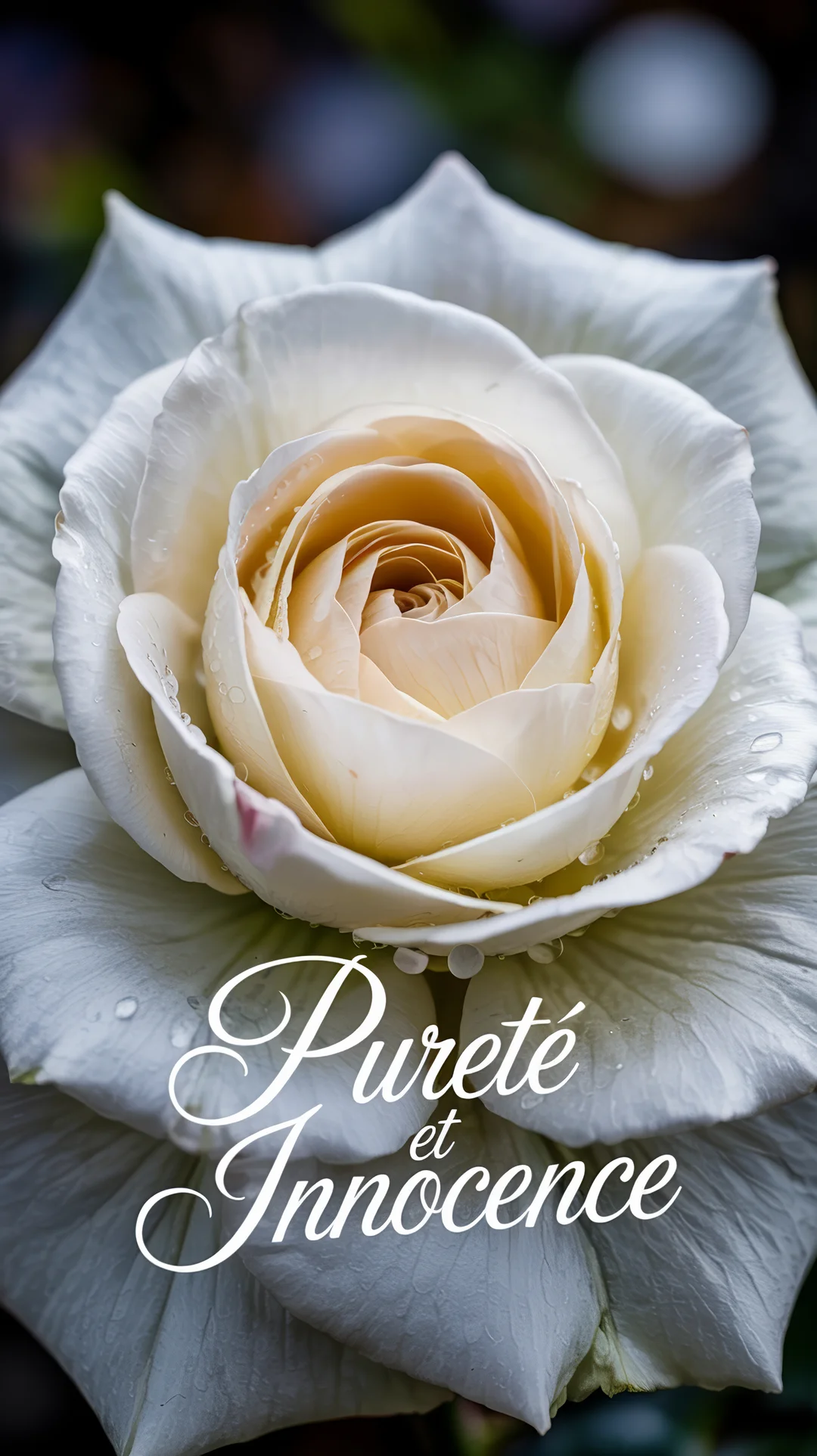 Une photographie en gros plan d'une rose blanche et crème, couverte de gouttelettes d'eau, avec un texte calligraphié superposé sur les pétales inférieurs.