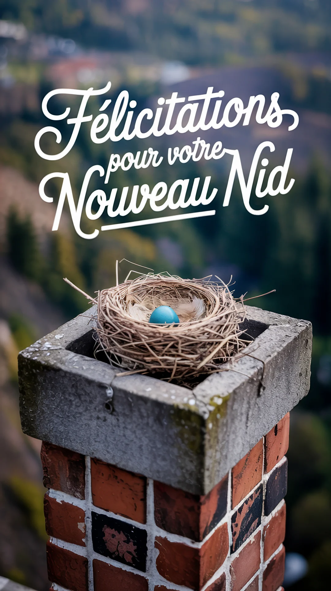Un nid d'oiseau contenant un seul œuf bleu est posé sur une cheminée en briques, avec le texte 'Félicitations pour votre Nouveau Nid'.