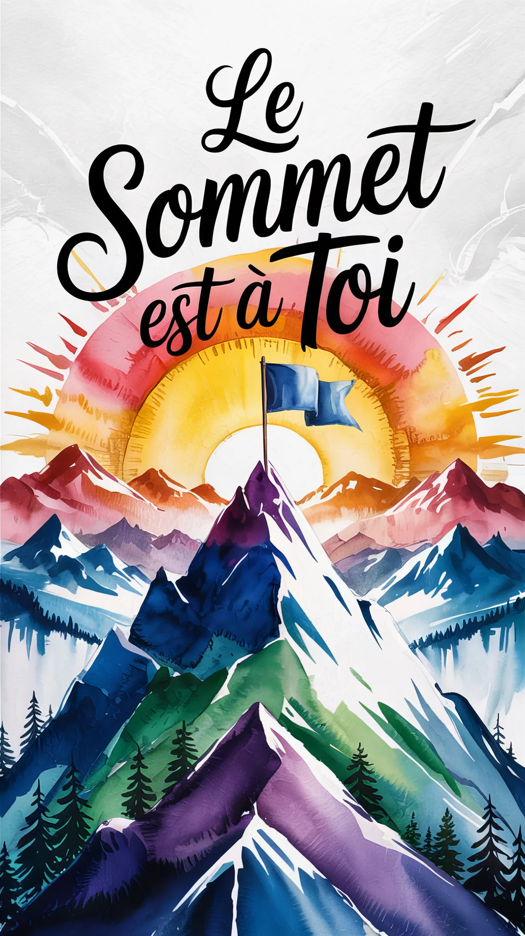 Une illustration colorée à l'aquarelle représente un paysage de montagne sous un grand soleil, avec un drapeau bleu au pic le plus haut.