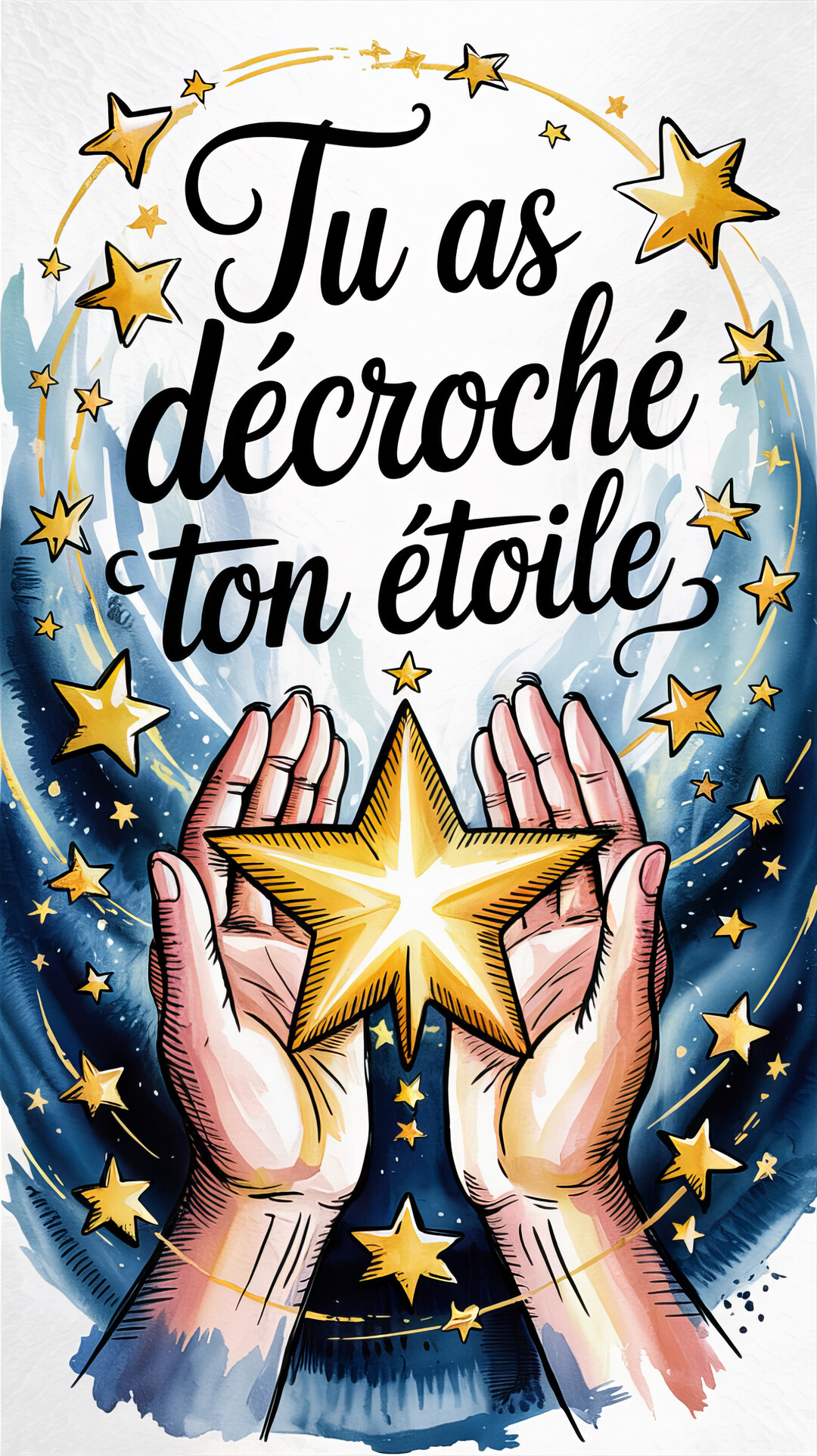 Illustration de deux mains en coupe tenant délicatement une grande étoile dorée, sur un fond bleu nuit parsemé de petites étoiles scintillantes.