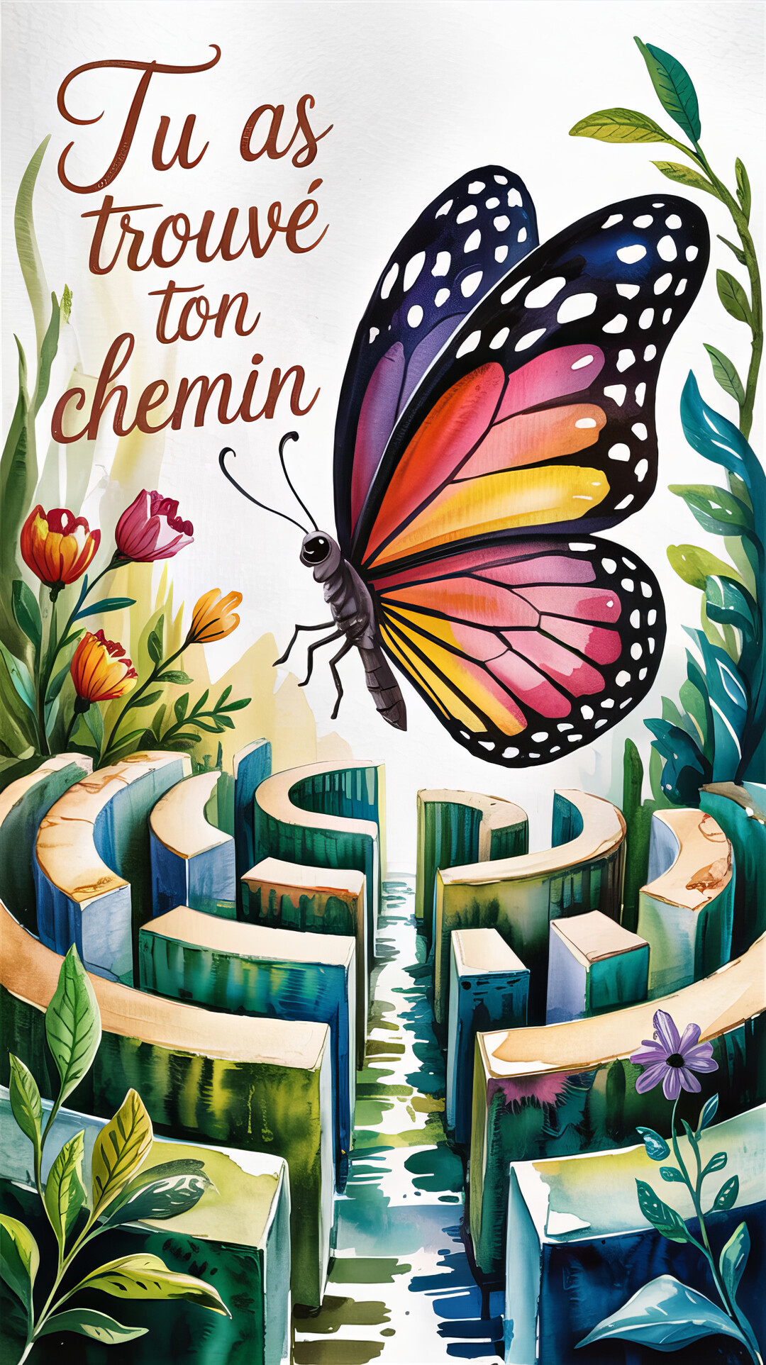Une illustration à l'aquarelle d'un papillon multicolore s'échappant d'un labyrinthe verdoyant, symbolisant l'atteinte d'un objectif après un parcours difficile.
