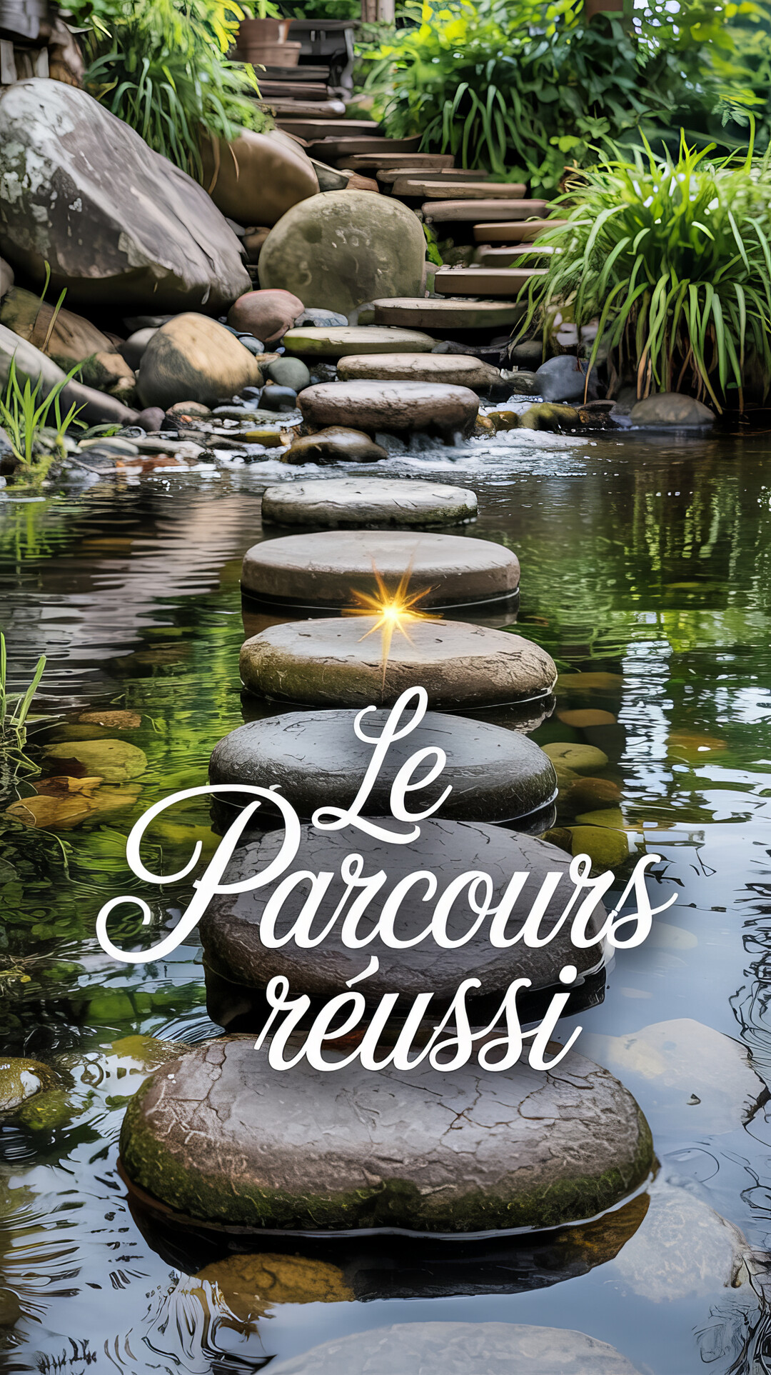 Un sentier de pierres plates traverse une rivière calme dans un jardin verdoyant, symbolisant une progression vers un escalier en arrière-plan.