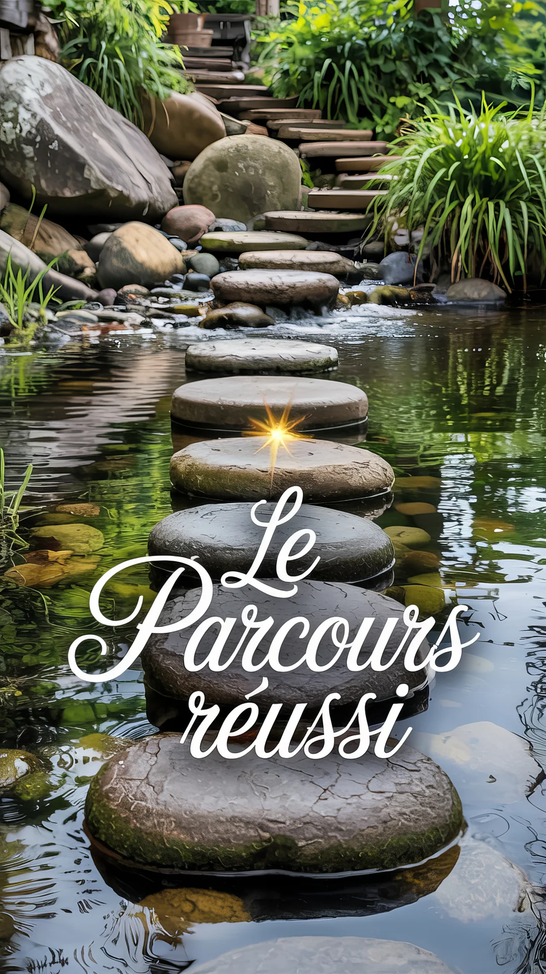 Un sentier de pierres plates traverse une rivière calme dans un jardin verdoyant, symbolisant une progression vers un escalier en arrière-plan.
