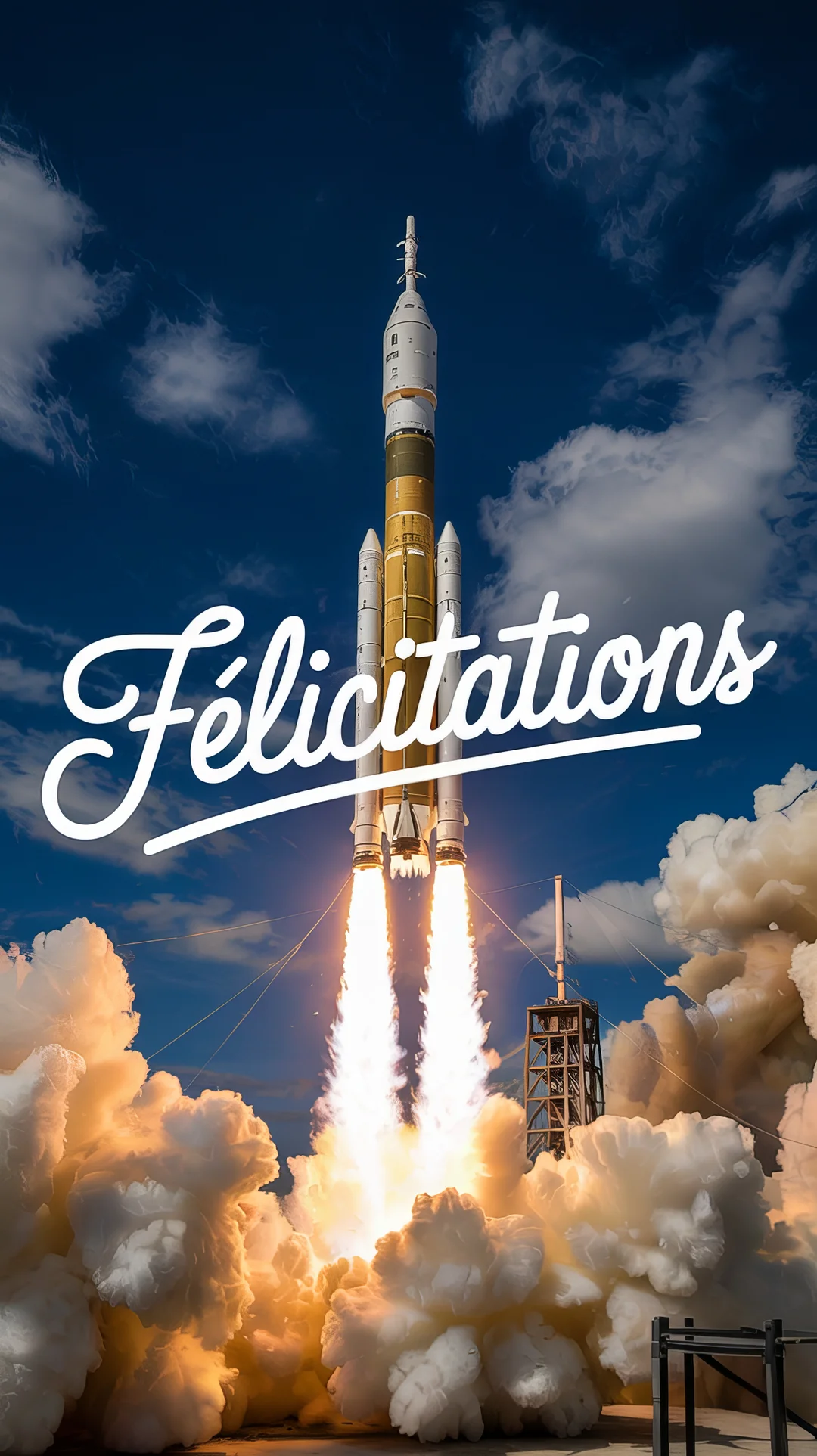 Une fusée blanche et dorée décolle de son pas de tir, laissant derrière elle un énorme nuage de fumée et des flammes intenses.