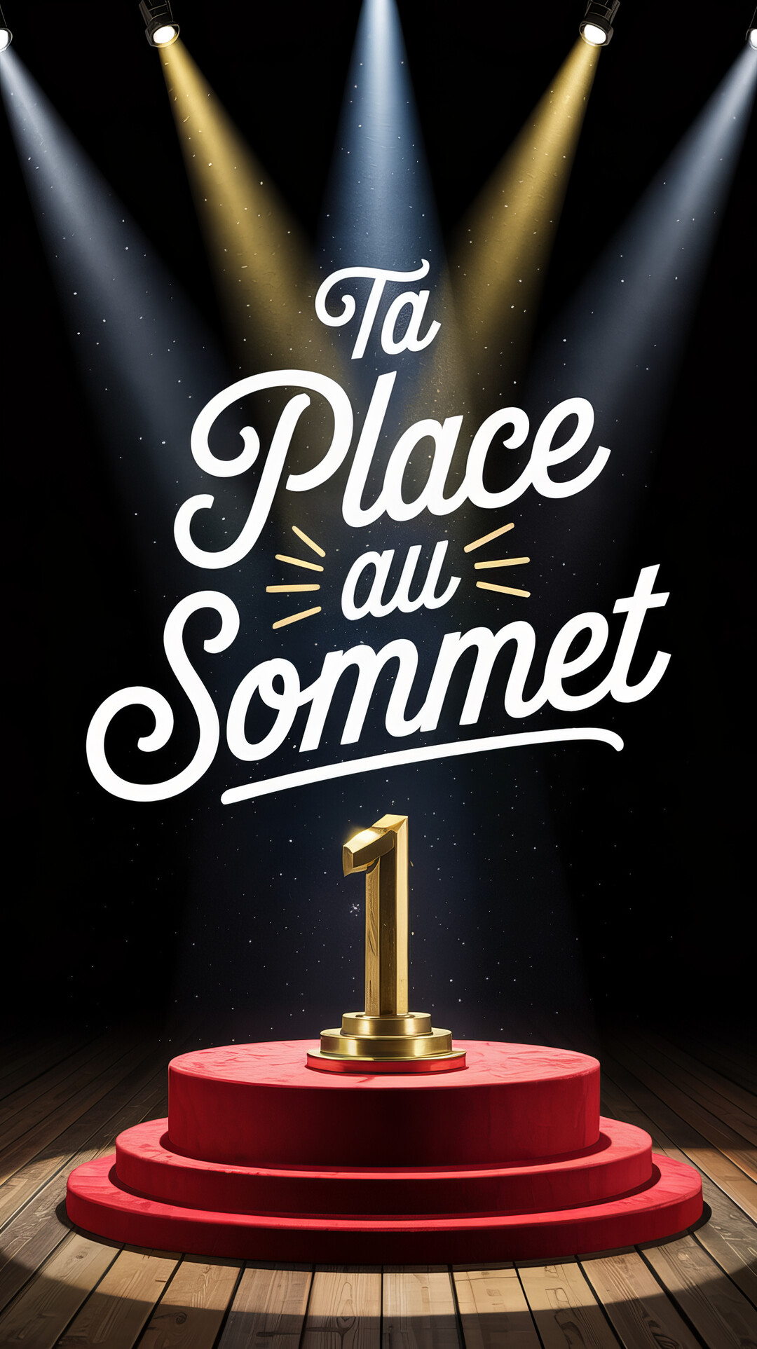 Sur une scène illuminée par des projecteurs, un trophée doré en forme de chiffre un est posé sur un podium rouge et rond.