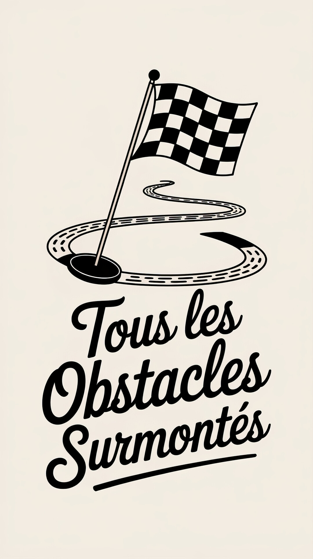 Une illustration en noir sur fond crème montrant un drapeau à damier au bout d'un chemin sinueux, symbolisant une ligne d'arrivée victorieuse.