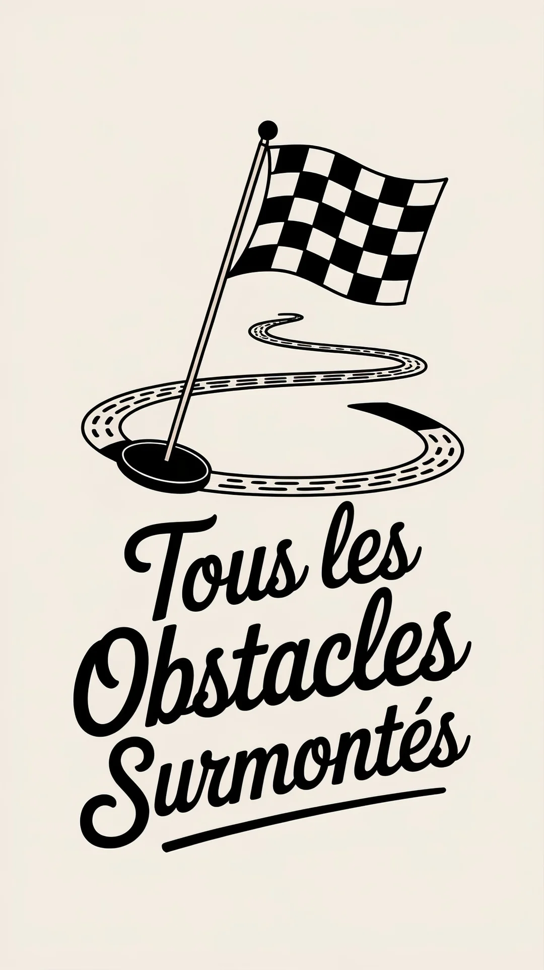 Une illustration en noir sur fond crème montrant un drapeau à damier au bout d'un chemin sinueux, symbolisant une ligne d'arrivée victorieuse.