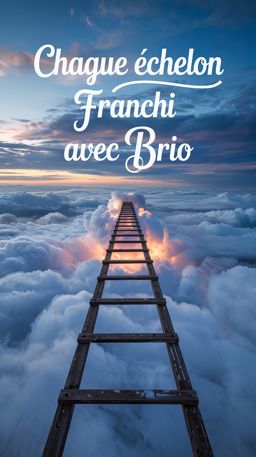Une longue échelle en bois s'élève au-dessus d'une mer de nuages vers un horizon coloré, symbolisant le chemin vers le succès.