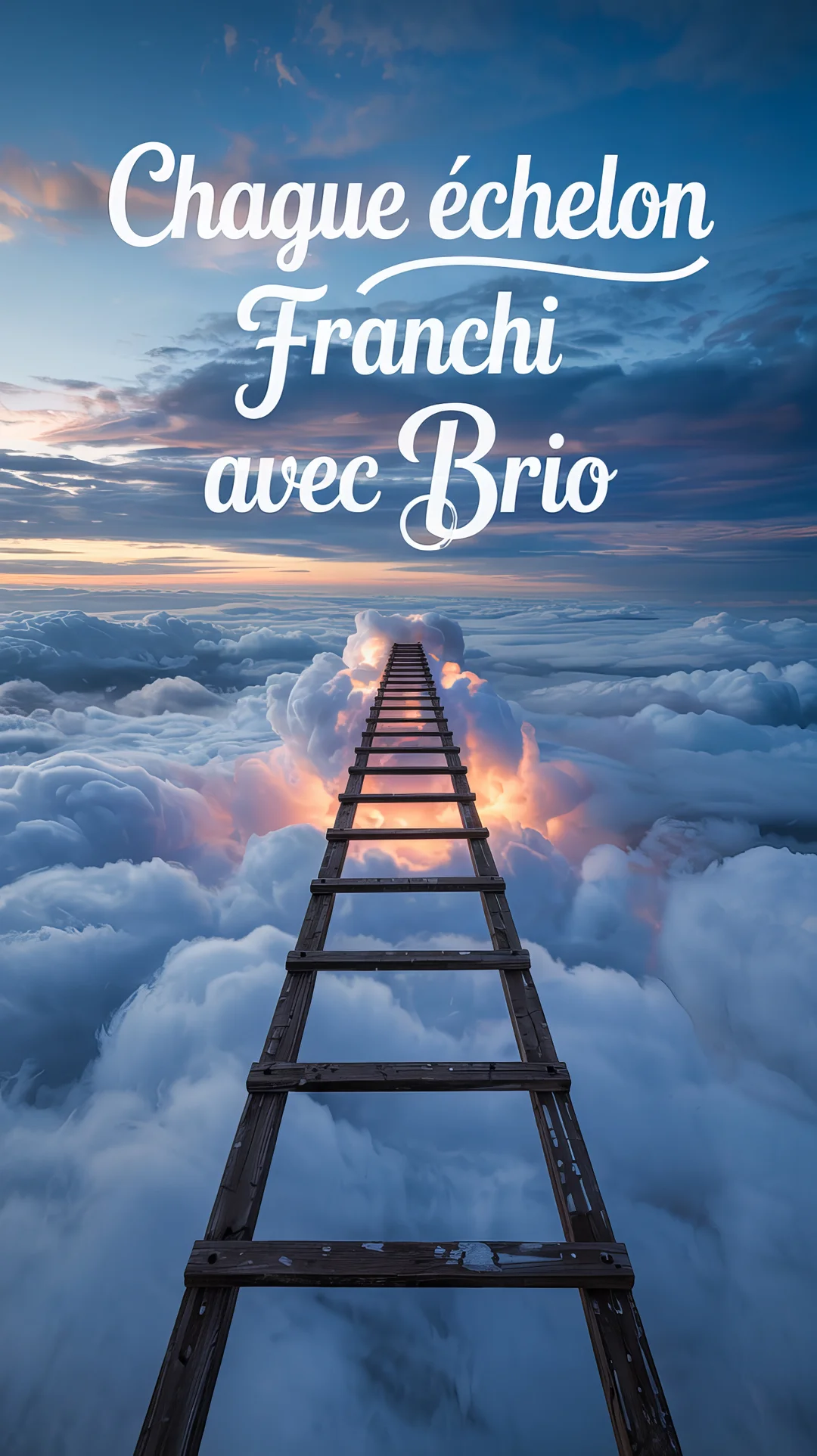 Une longue échelle en bois s'élève au-dessus d'une mer de nuages vers un horizon coloré, symbolisant le chemin vers le succès.