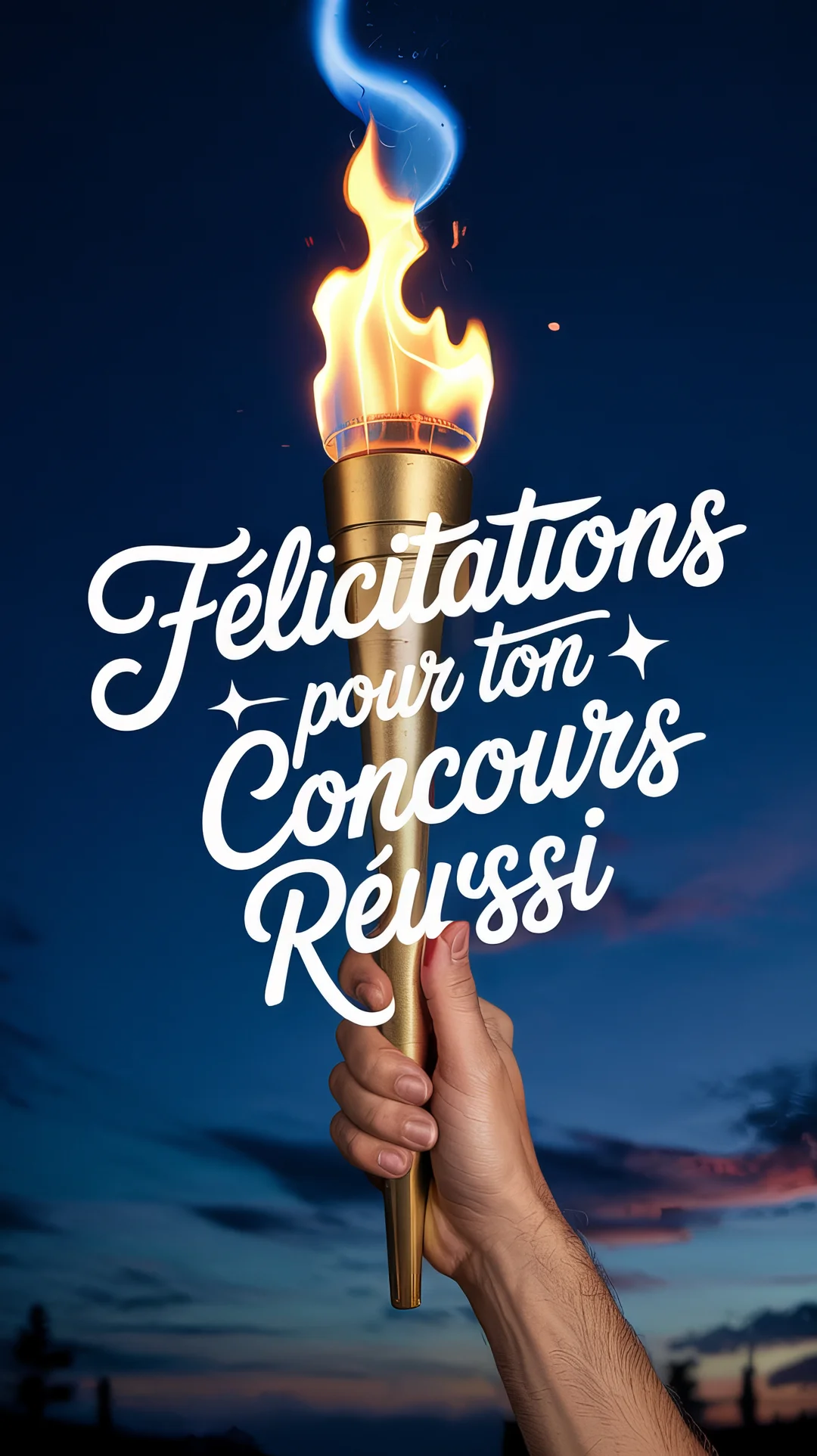 Une main masculine brandit fièrement une torche dorée enflammée sur un fond de ciel nocturne, avec un texte de félicitations calligraphié.