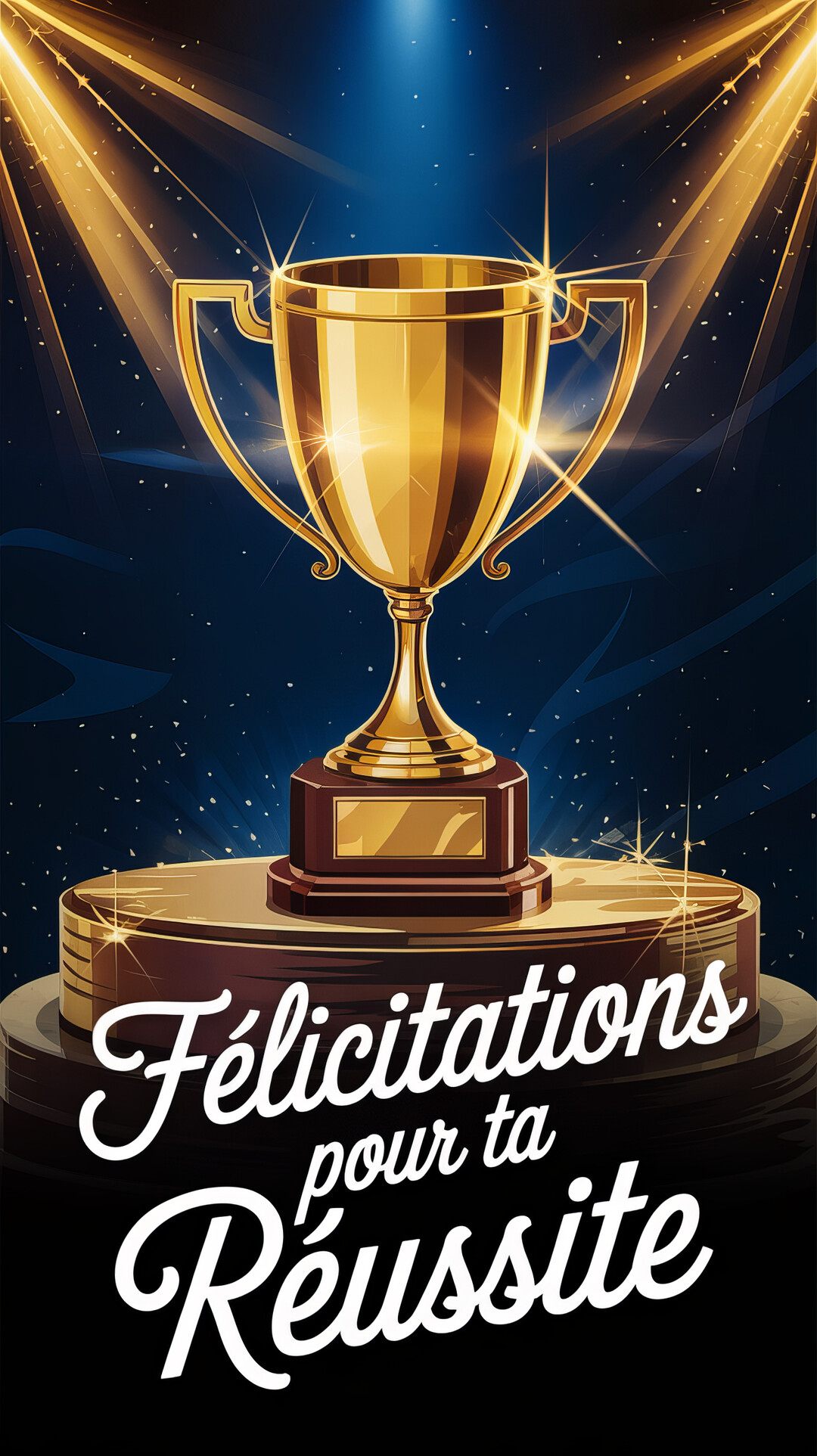 Une illustration d'un trophée doré étincelant sur un socle, illuminé par des faisceaux lumineux sur un fond bleu nuit étoilé.