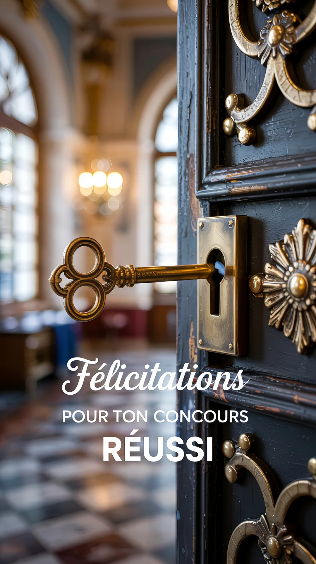 Une clé dorée ancienne est insérée dans la serrure d'une porte massive, ouvrant sur une pièce lumineuse et classique en arrière-plan flouté.