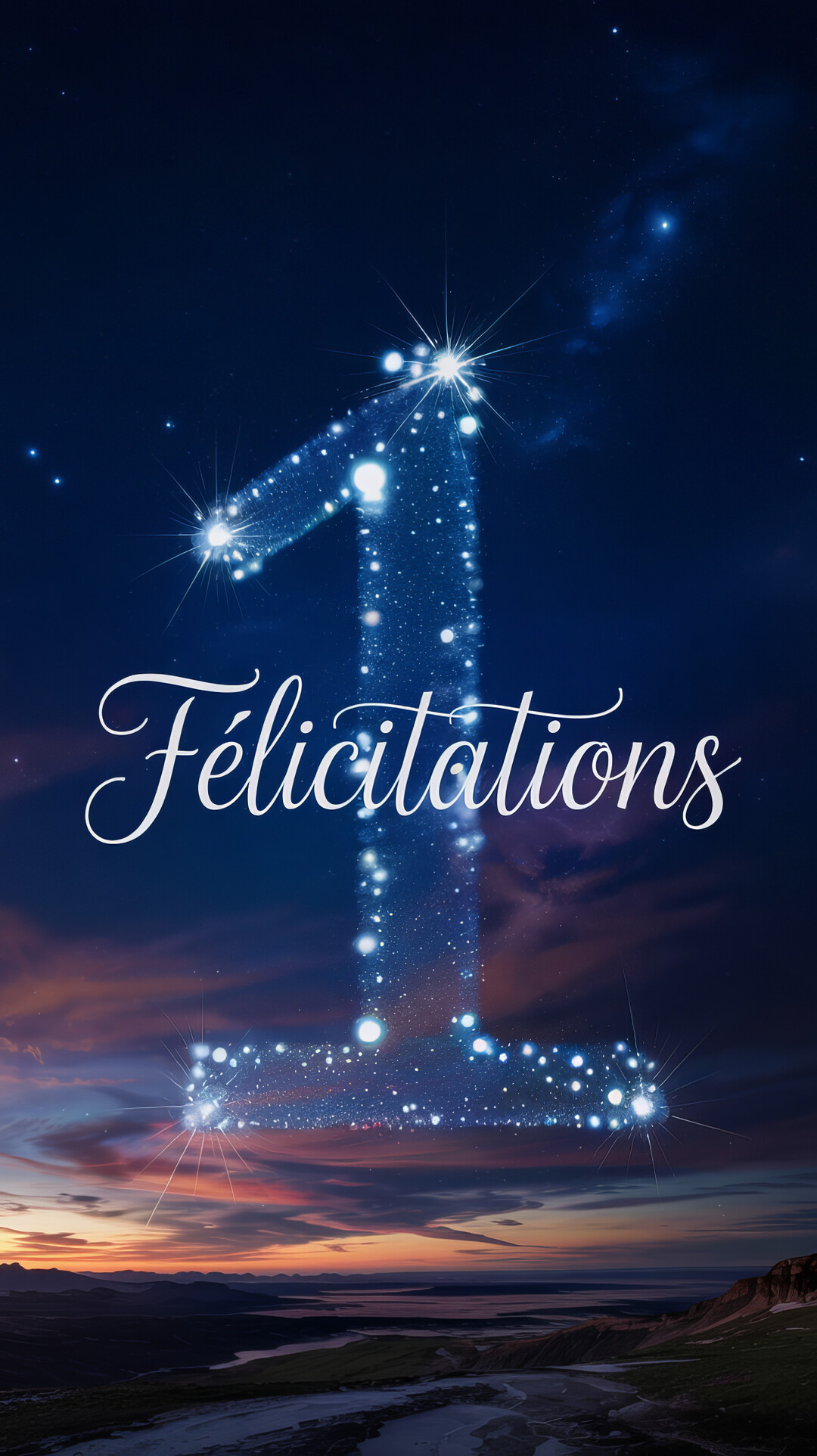 Le chiffre un est dessiné par des étoiles scintillantes dans un ciel nocturne au-dessus d'un paysage montagneux au coucher du soleil.