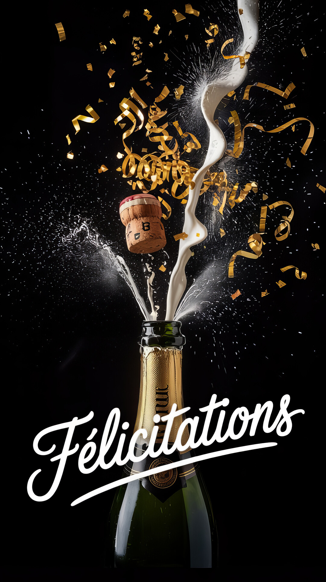 Une photographie festive montrant une bouteille de champagne qui explose, projetant bouchon, mousse et confettis dorés sur un fond entièrement noir.