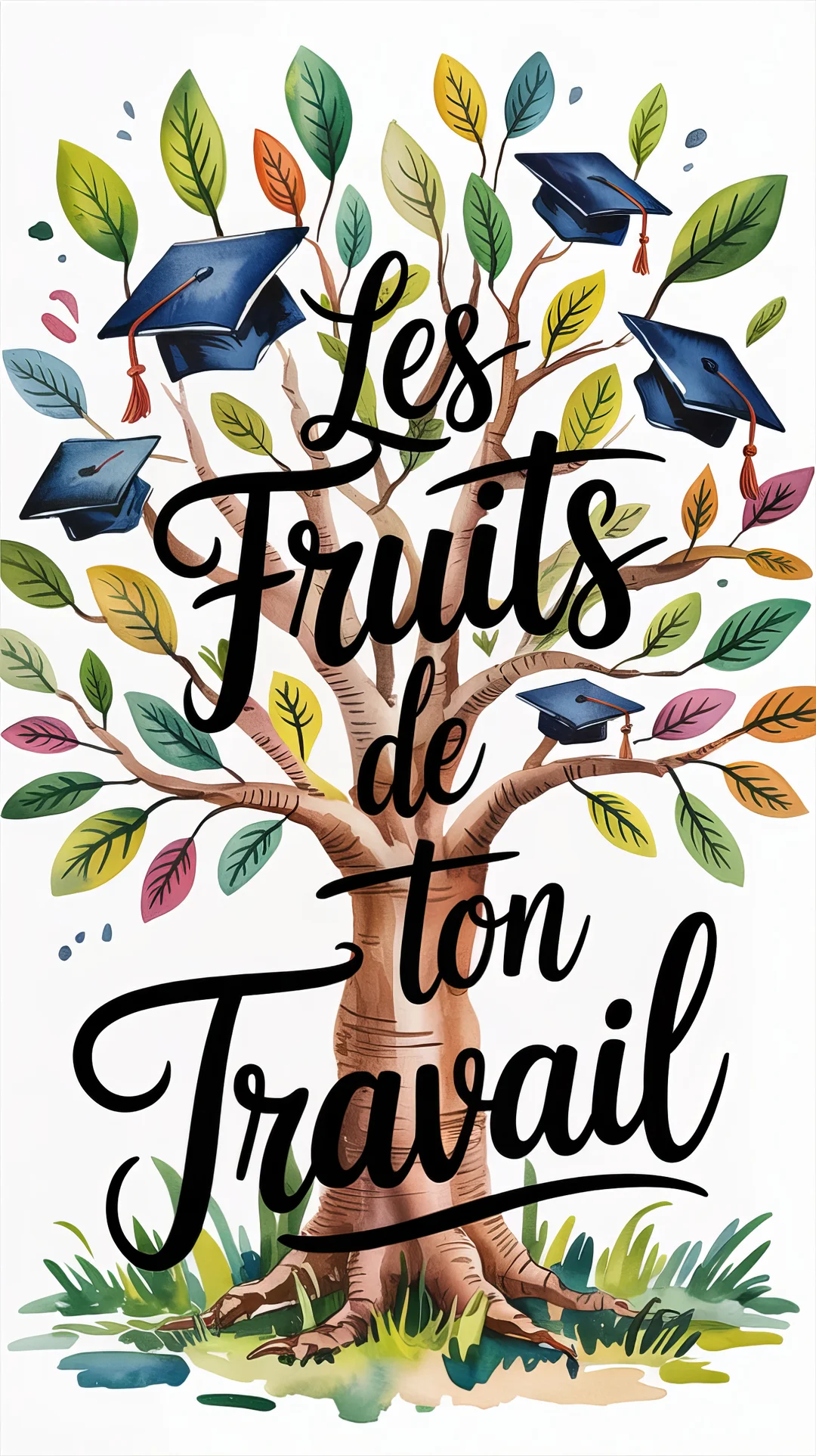 Une illustration à l'aquarelle d'un grand arbre dont les feuilles sont multicolores et les fruits remplacés par des toques de jeunes diplômés.