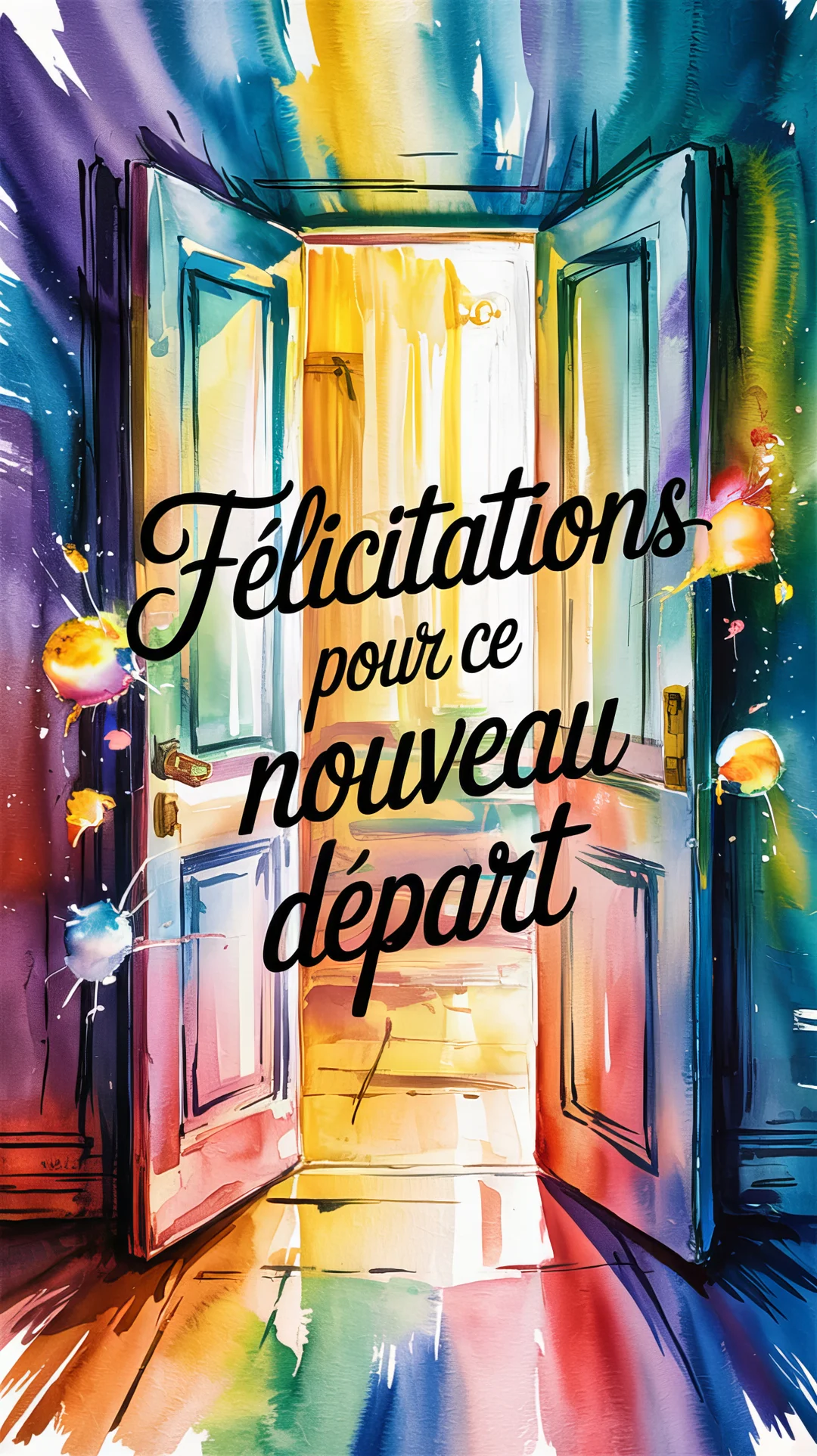 Une illustration style aquarelle d'une porte double grande ouverte, révélant une lumière jaune et chaude, avec le texte calligraphié 'Félicitations pour ce nouveau départ'.