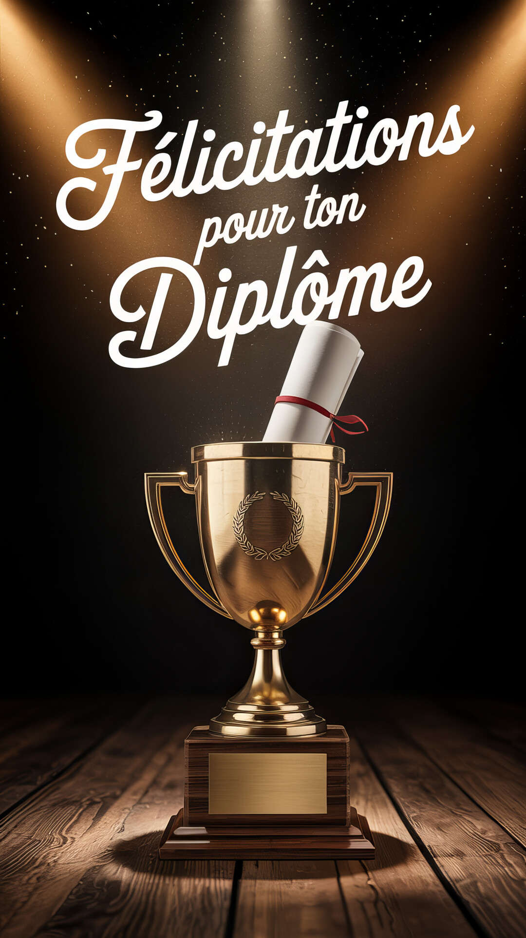 Une coupe dorée posée sur un socle en bois contient un diplôme enroulé, le tout illuminé par des projecteurs sur fond noir.