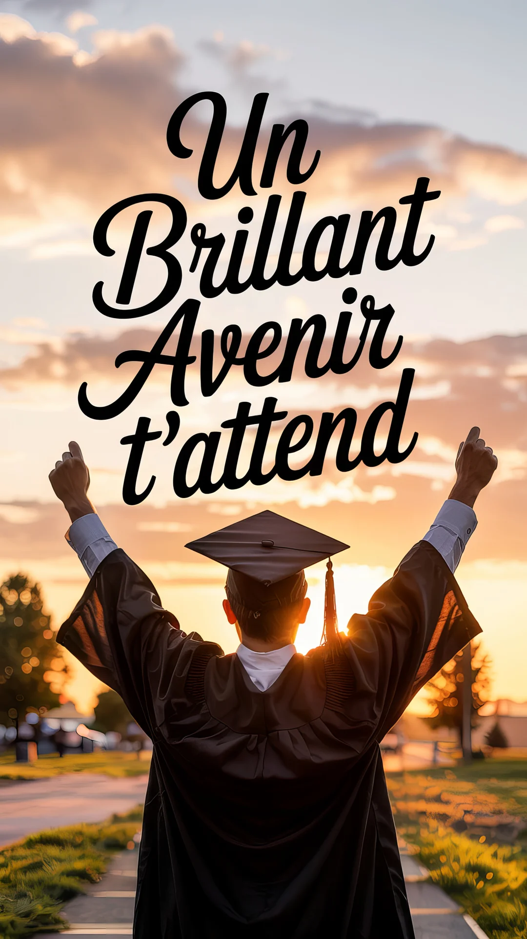 Vu de dos, un diplômé en toge lève les bras vers un ciel orangé au coucher du soleil, symbolisant le succès et l'avenir.