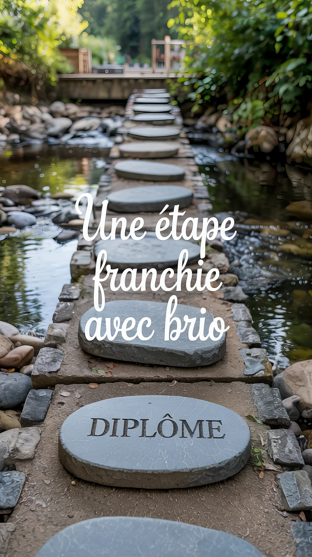Un sentier de pas japonais traverse une rivière au cœur d'une nature verdoyante, symbolisant un parcours de réussite menant au diplôme.