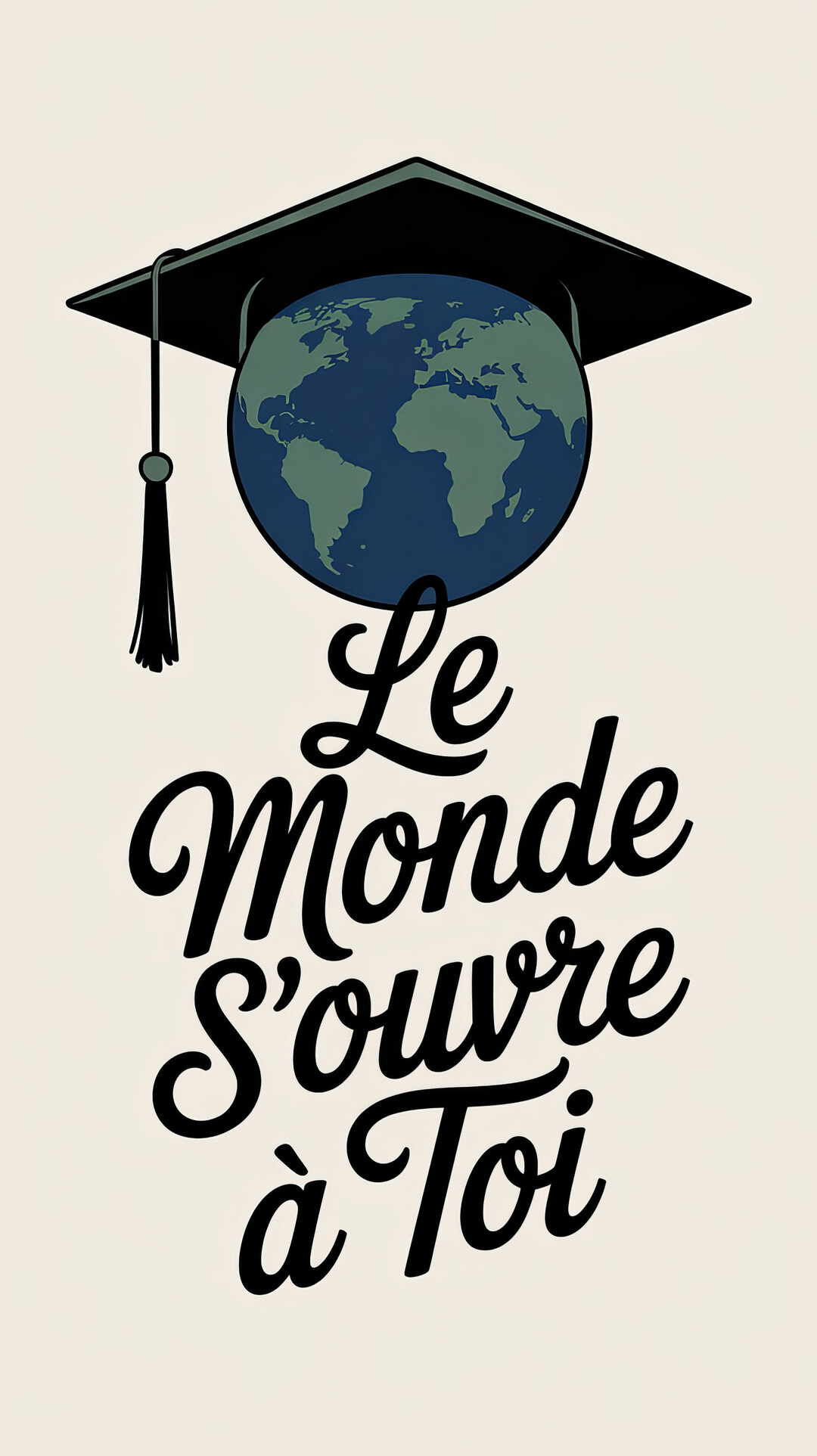 Une illustration graphique d'un globe terrestre coiffé d'un mortier noir, au-dessus du message calligraphié 'Le Monde S'ouvre à Toi' sur fond crème.