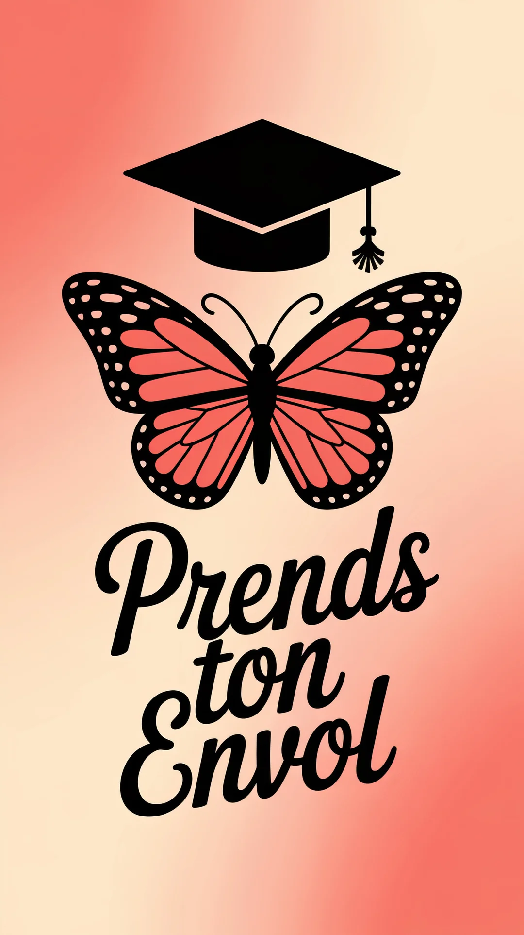 Sur un fond dégradé rose corail, un papillon stylisé coiffé d'un chapeau de diplômé surplombe le texte 'Prends ton Envol'.