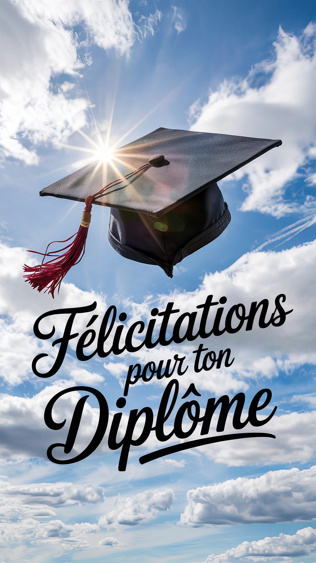 Un chapeau de diplômé noir avec un pompon rouge est projeté dans un ciel bleu lumineux, parsemé de nuages blancs et d'un soleil éclatant.