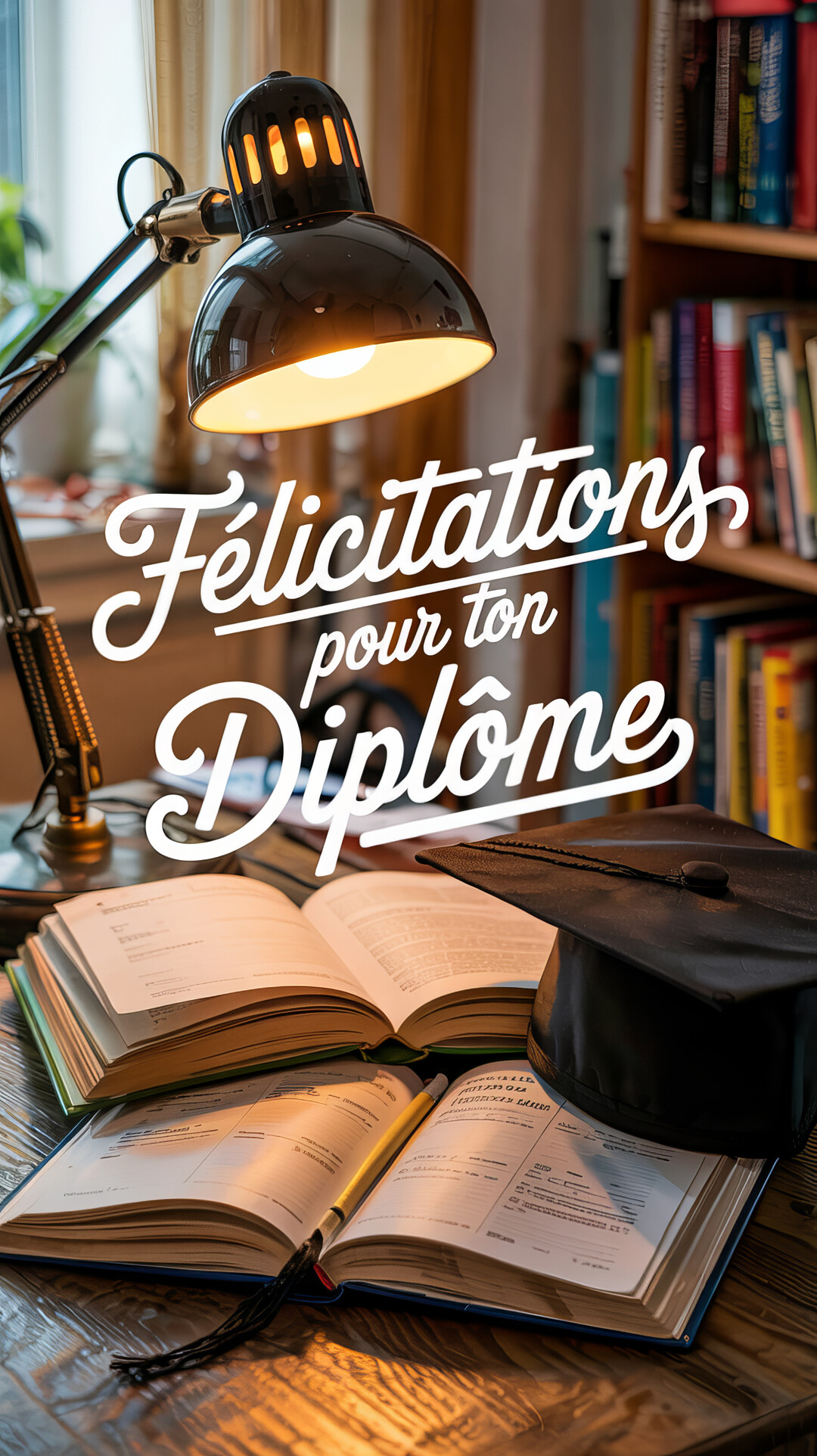 Sur un bureau en bois, un chapeau de diplômé noir est posé à côté de livres ouverts, sous la lumière chaude d'une lampe de bureau.