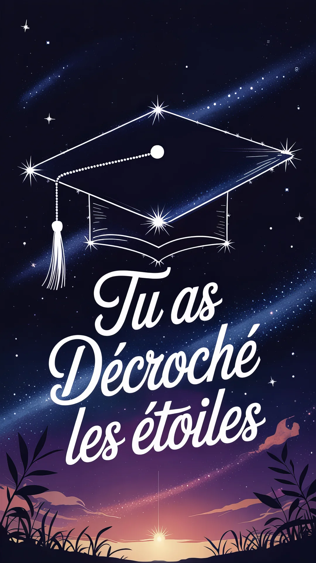 Une constellation en forme de chapeau de diplômé brille dans un ciel nocturne au-dessus du texte de félicitations et d'un lever de soleil.